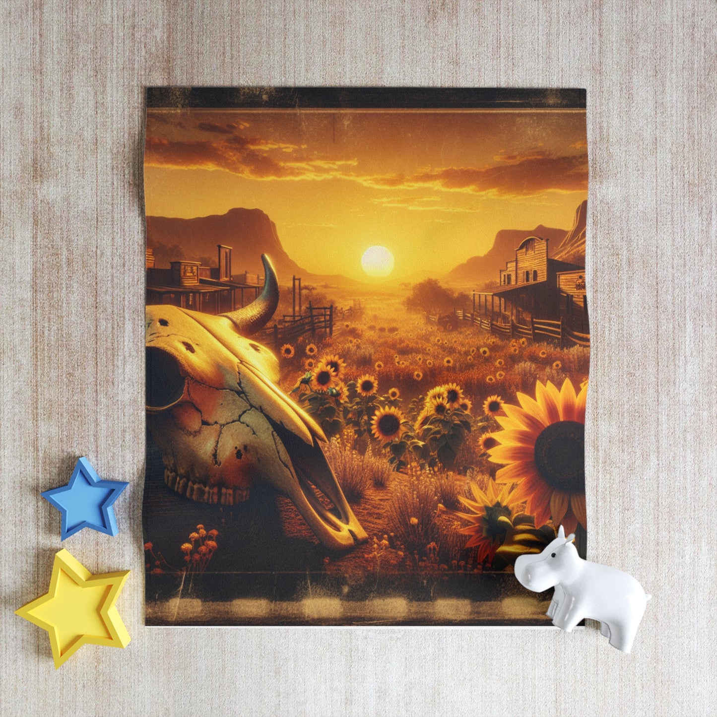 Western Sunset Throw Blanket, Cozy Home Decor, Nature Lover Gift, Cow Skull Design, Rustic Blanket for Hydroponics, Farmhouse Style