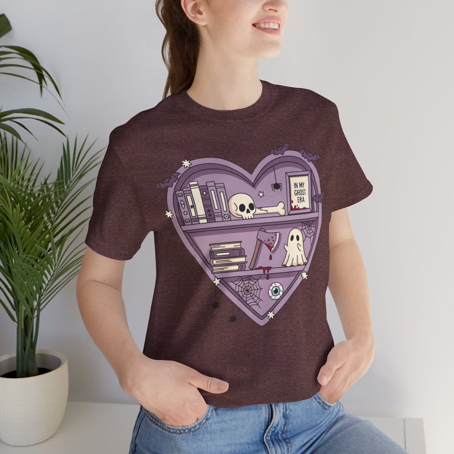 Heart-Shaped Ghostly Shelf Tee, Unisex Tee, Halloween Shirt, Fun Graphic Tee, Quirky Gift, Book Lover Apparel