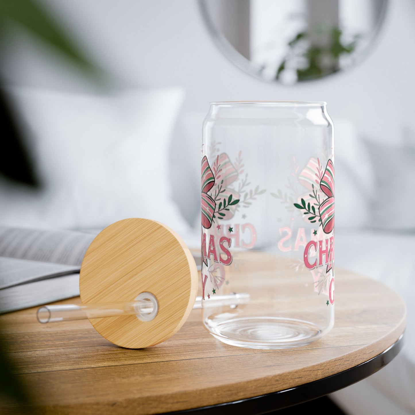 Christmas-Themed Sipper Glass, 16oz | Holiday Drinkware, Gift for Her, Eco-Friendly, Fun Kitchen Decor, Seasonal Party Accessory