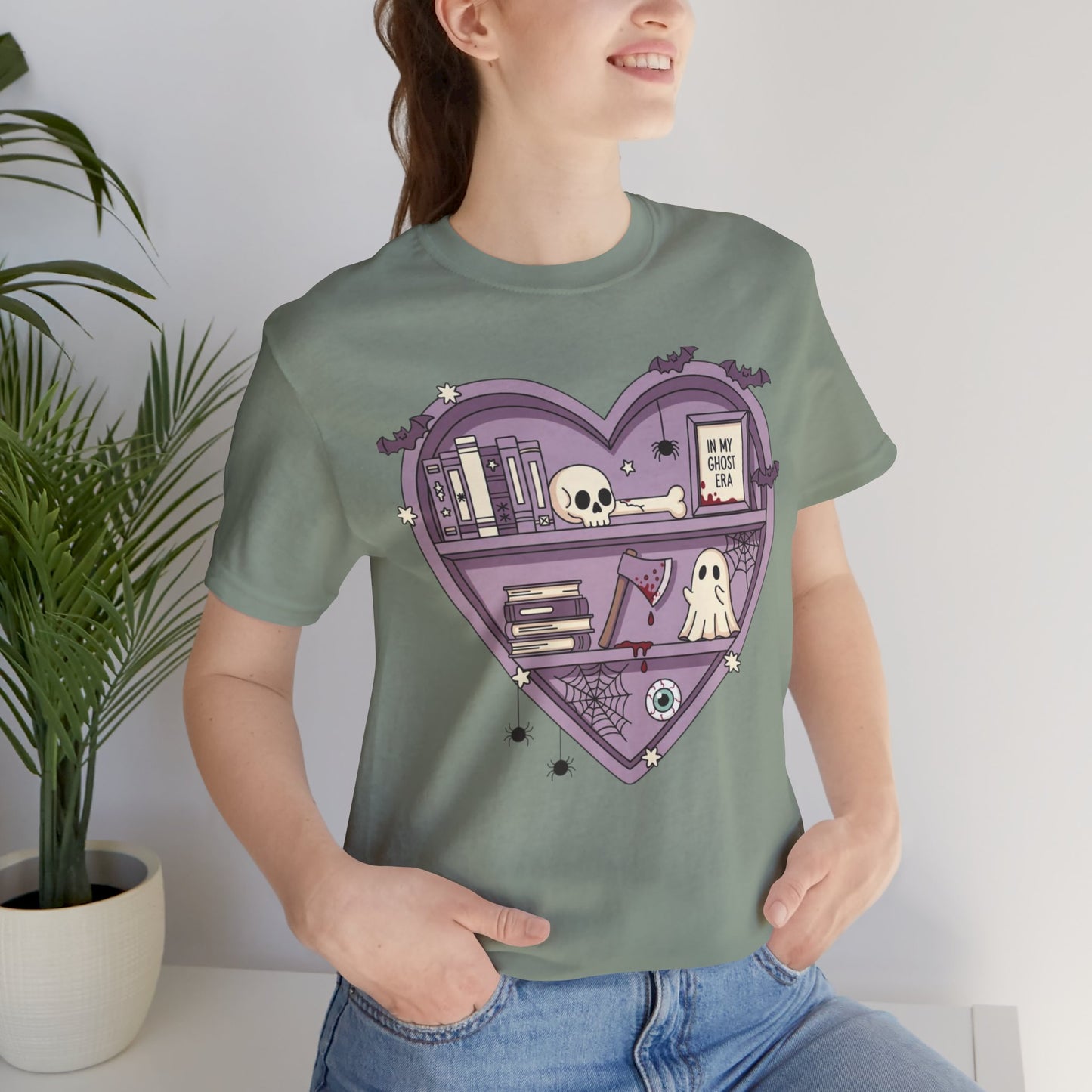 Heart-Shaped Ghostly Shelf Tee, Unisex Tee, Halloween Shirt, Fun Graphic Tee, Quirky Gift, Book Lover Apparel