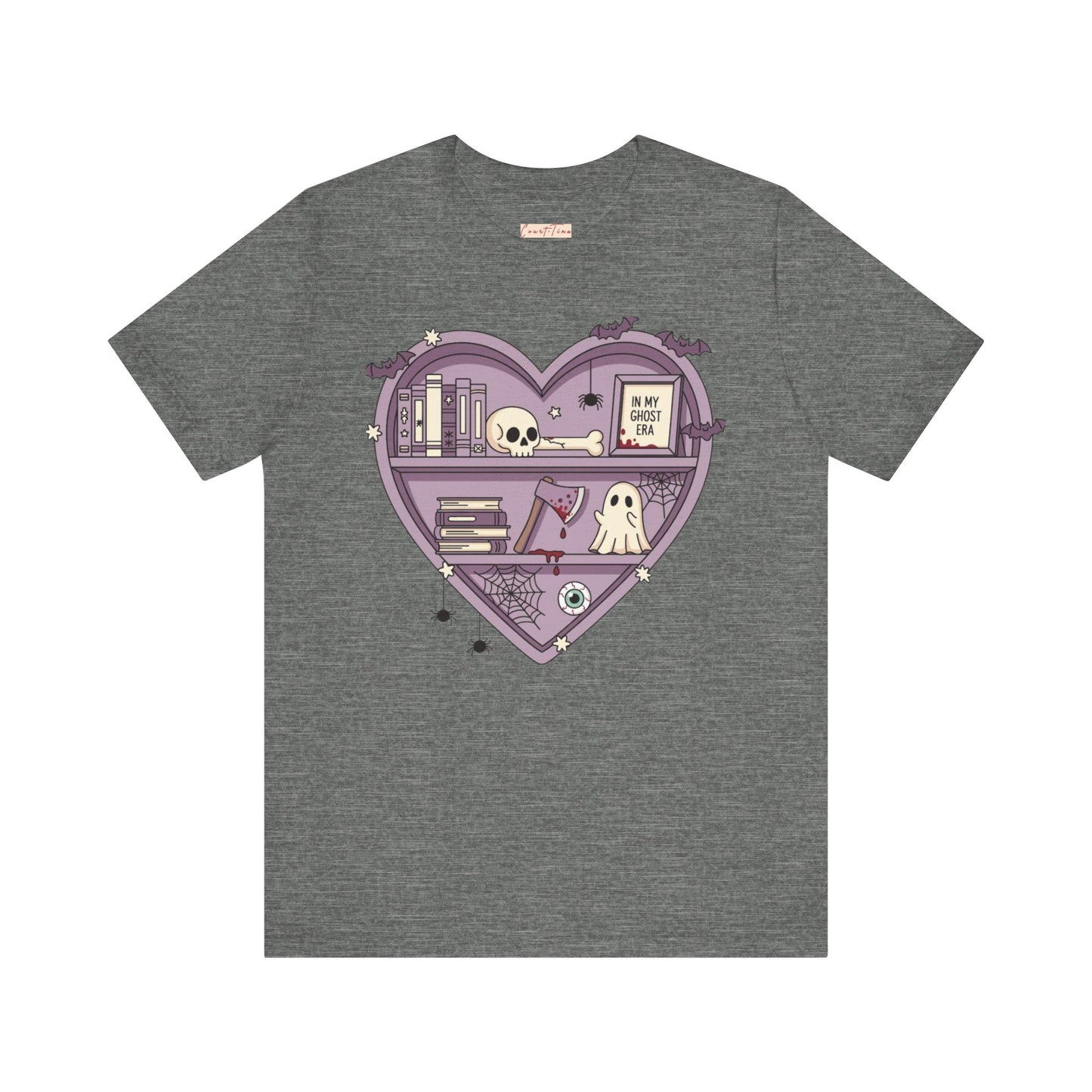 Heart-Shaped Ghostly Shelf Tee, Unisex Tee, Halloween Shirt, Fun Graphic Tee, Quirky Gift, Book Lover Apparel