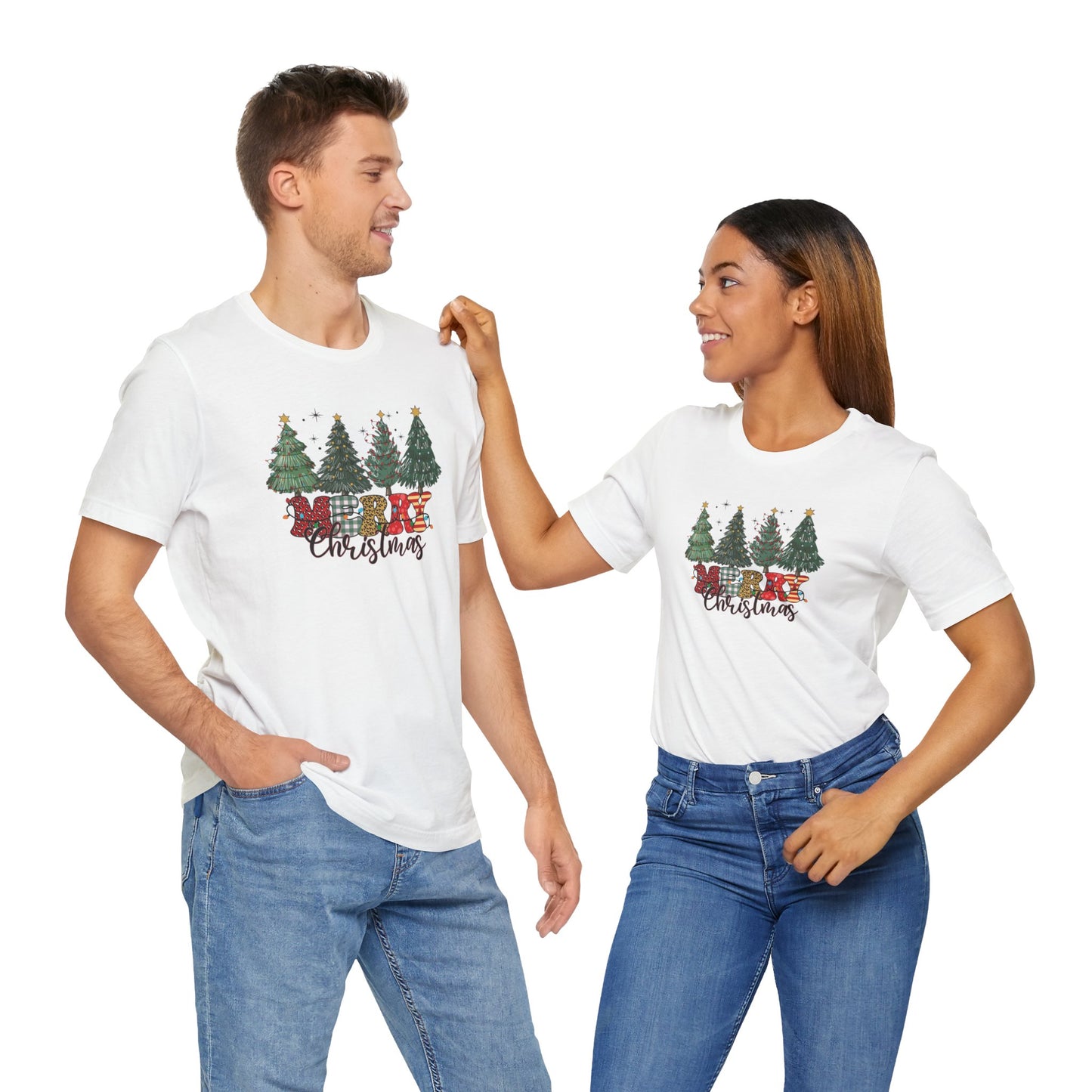 Merry Christmas Unisex Tee, Holiday T-Shirt, Christmas Gift, Festive Apparel, Tree Print Shirt, Seasonal Wear