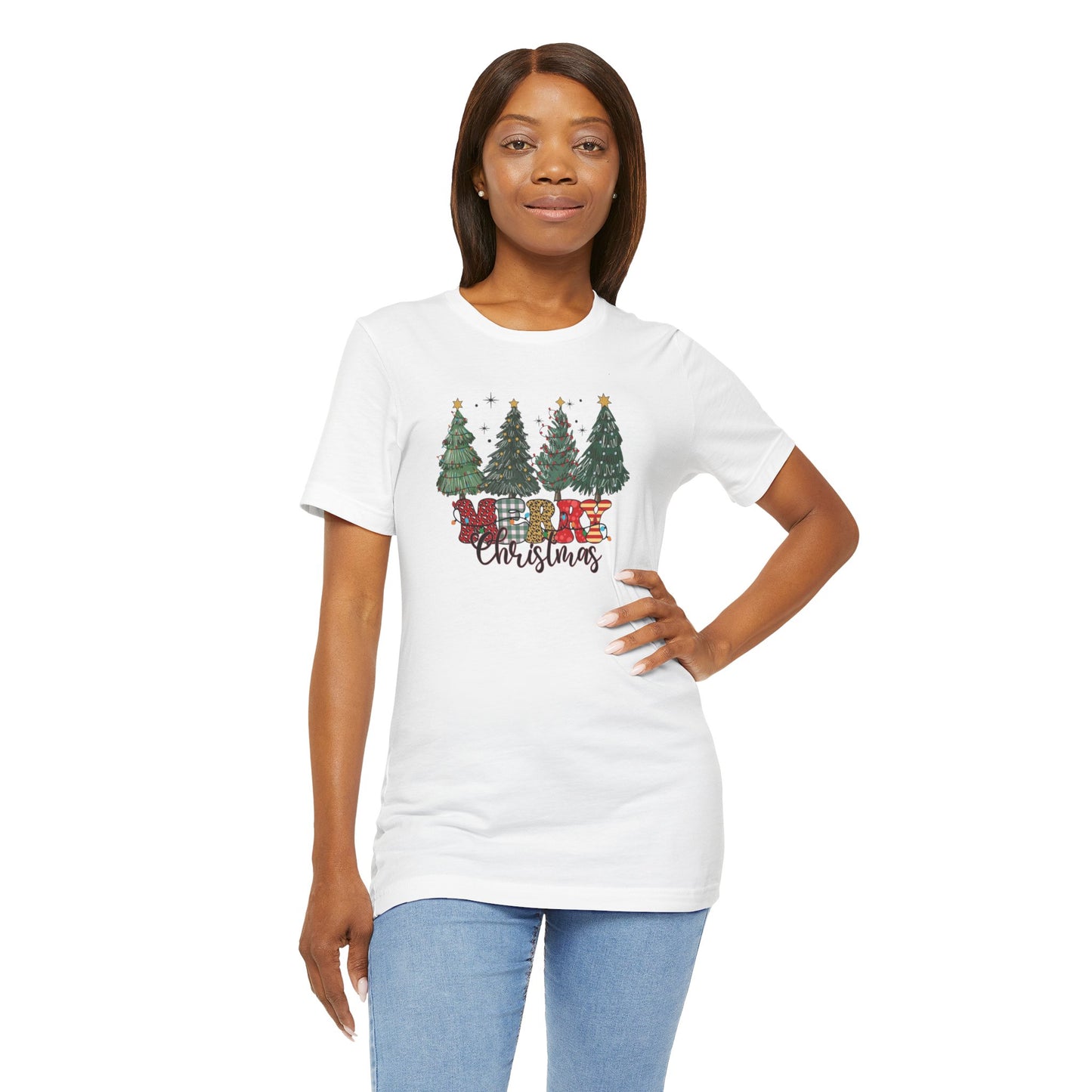 Merry Christmas Unisex Tee, Holiday T-Shirt, Christmas Gift, Festive Apparel, Tree Print Shirt, Seasonal Wear