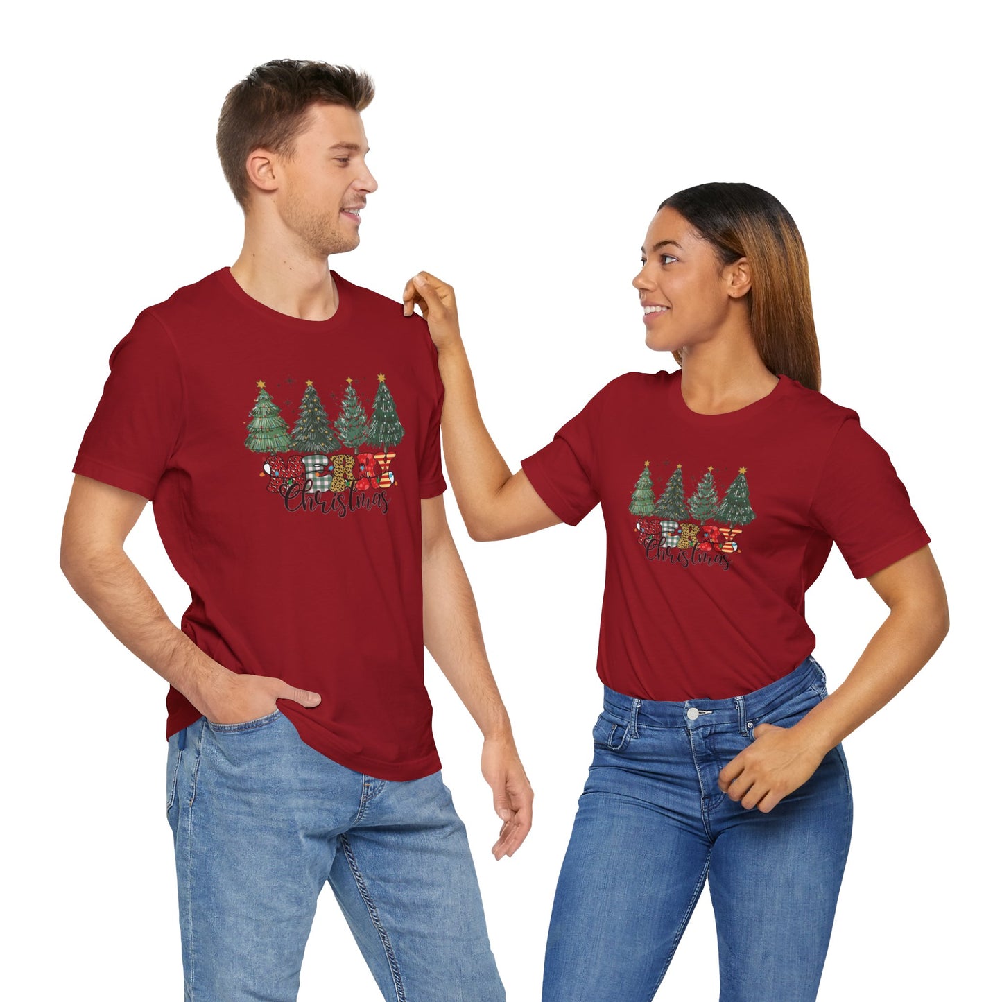 Merry Christmas Unisex Tee, Holiday T-Shirt, Christmas Gift, Festive Apparel, Tree Print Shirt, Seasonal Wear