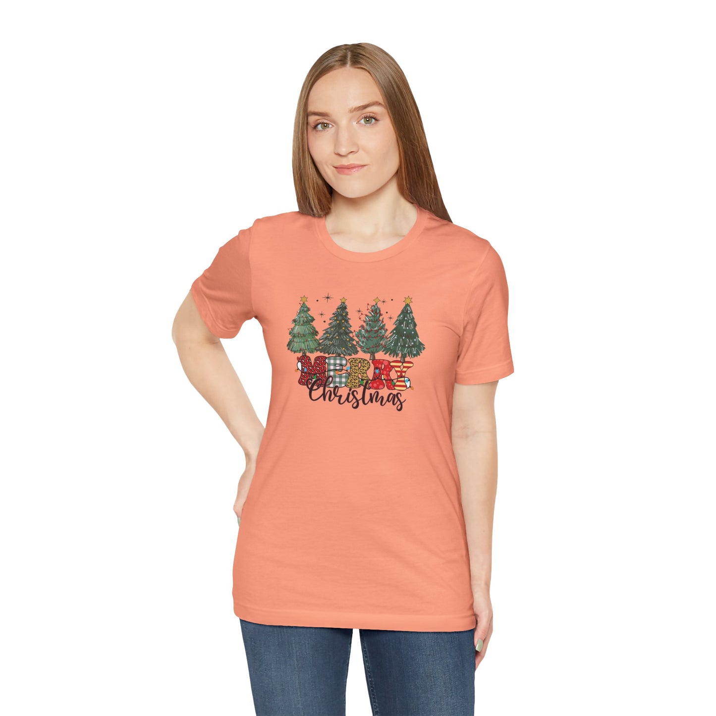 Merry Christmas Unisex Tee, Holiday T-Shirt, Christmas Gift, Festive Apparel, Tree Print Shirt, Seasonal Wear