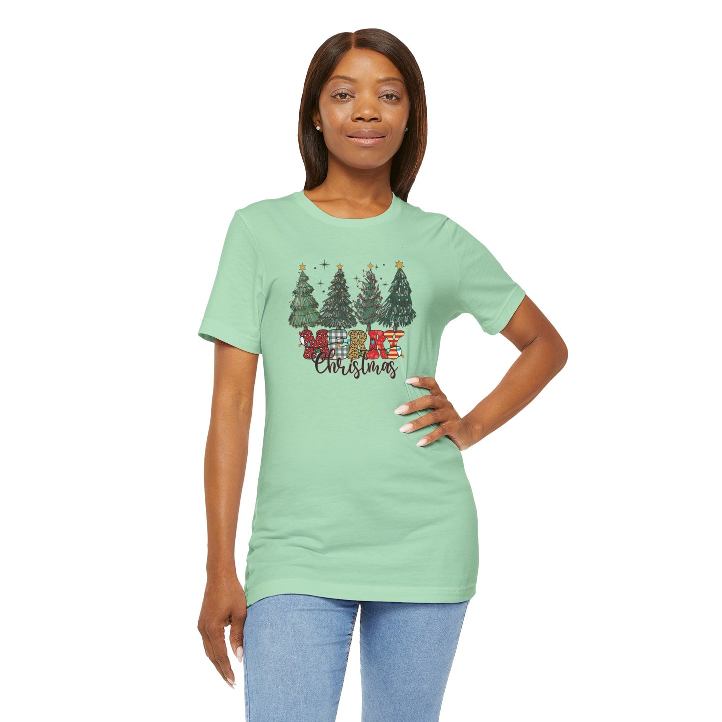 Merry Christmas Unisex Tee, Holiday T-Shirt, Christmas Gift, Festive Apparel, Tree Print Shirt, Seasonal Wear