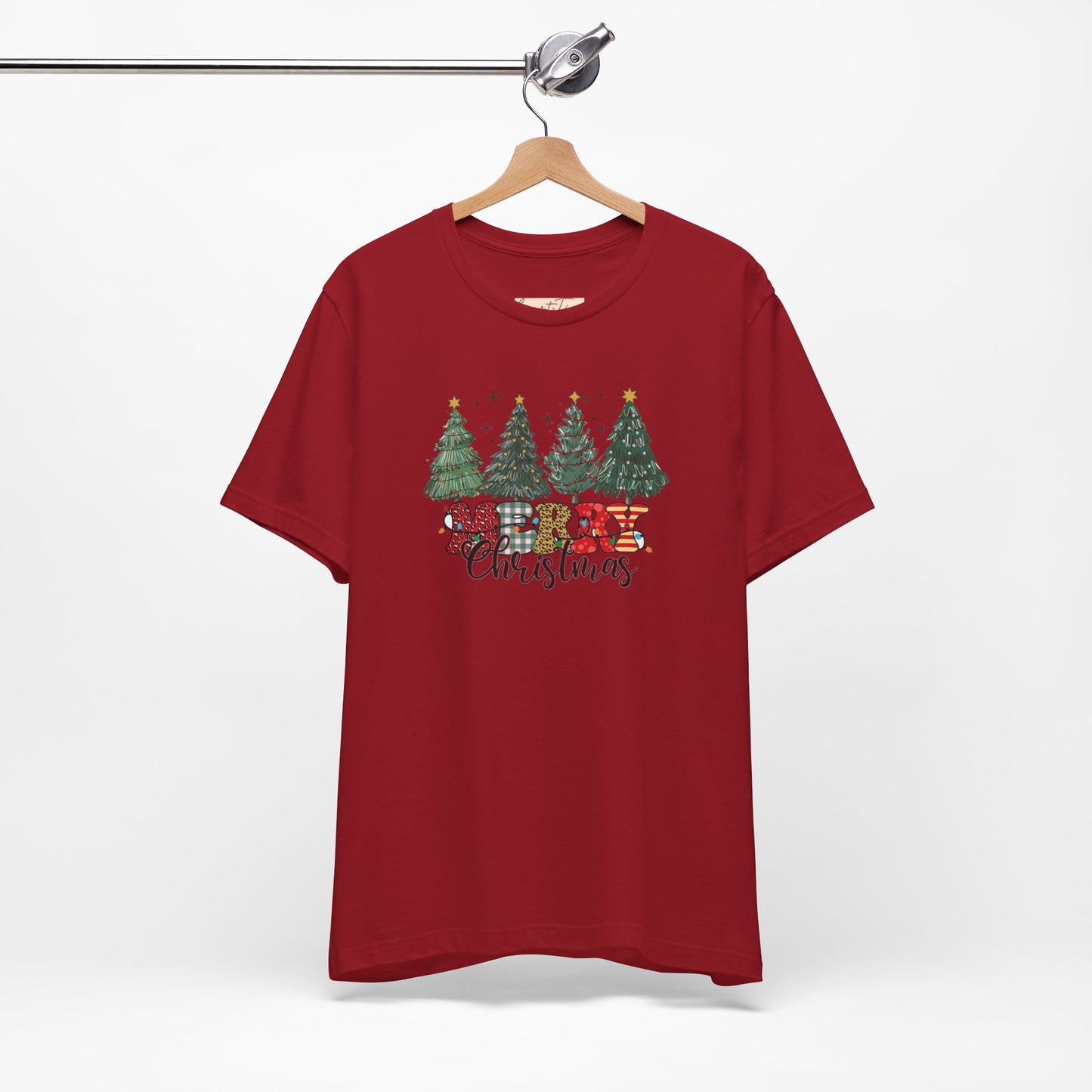 Merry Christmas Unisex Tee, Holiday T-Shirt, Christmas Gift, Festive Apparel, Tree Print Shirt, Seasonal Wear