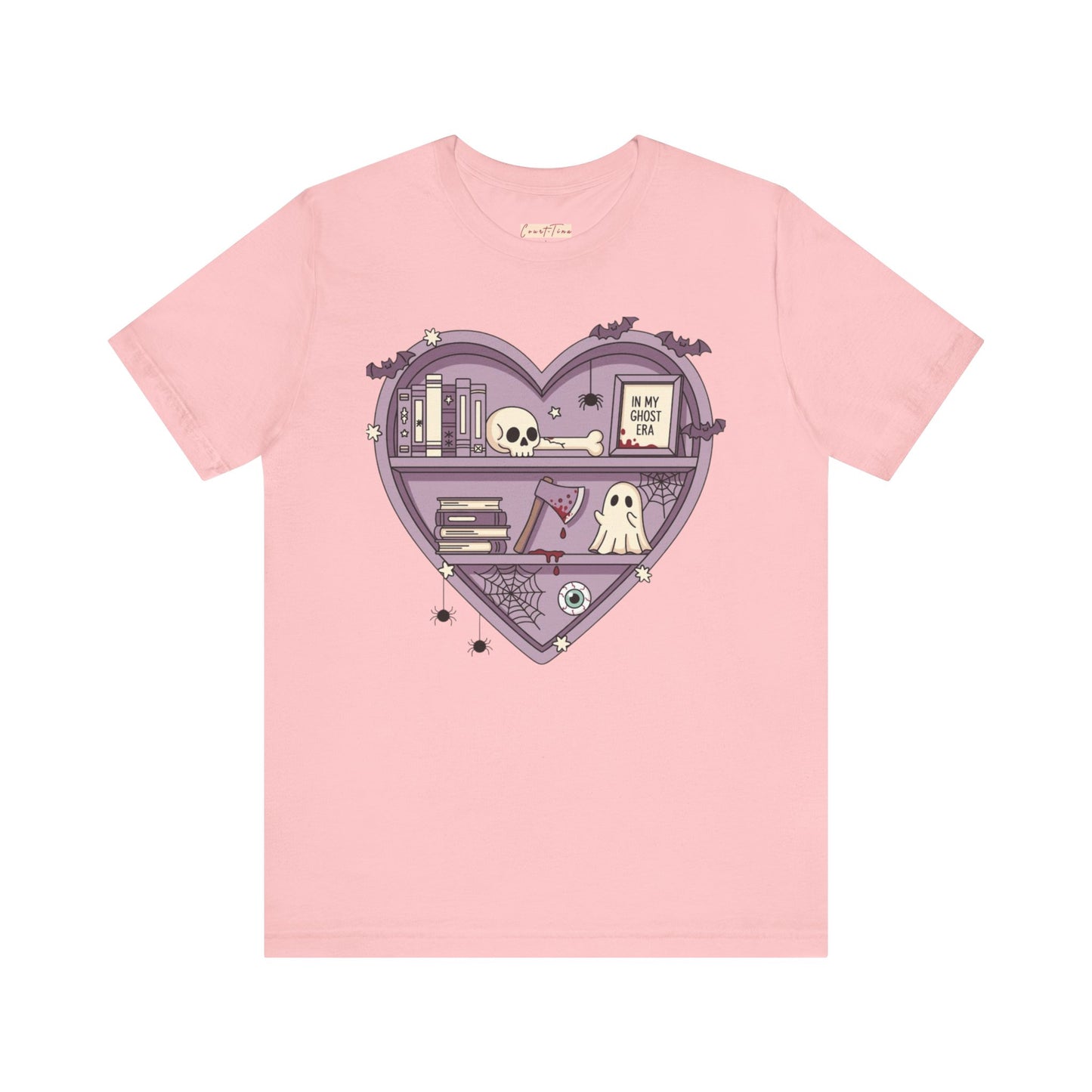 Heart-Shaped Ghostly Shelf Tee, Unisex Tee, Halloween Shirt, Fun Graphic Tee, Quirky Gift, Book Lover Apparel