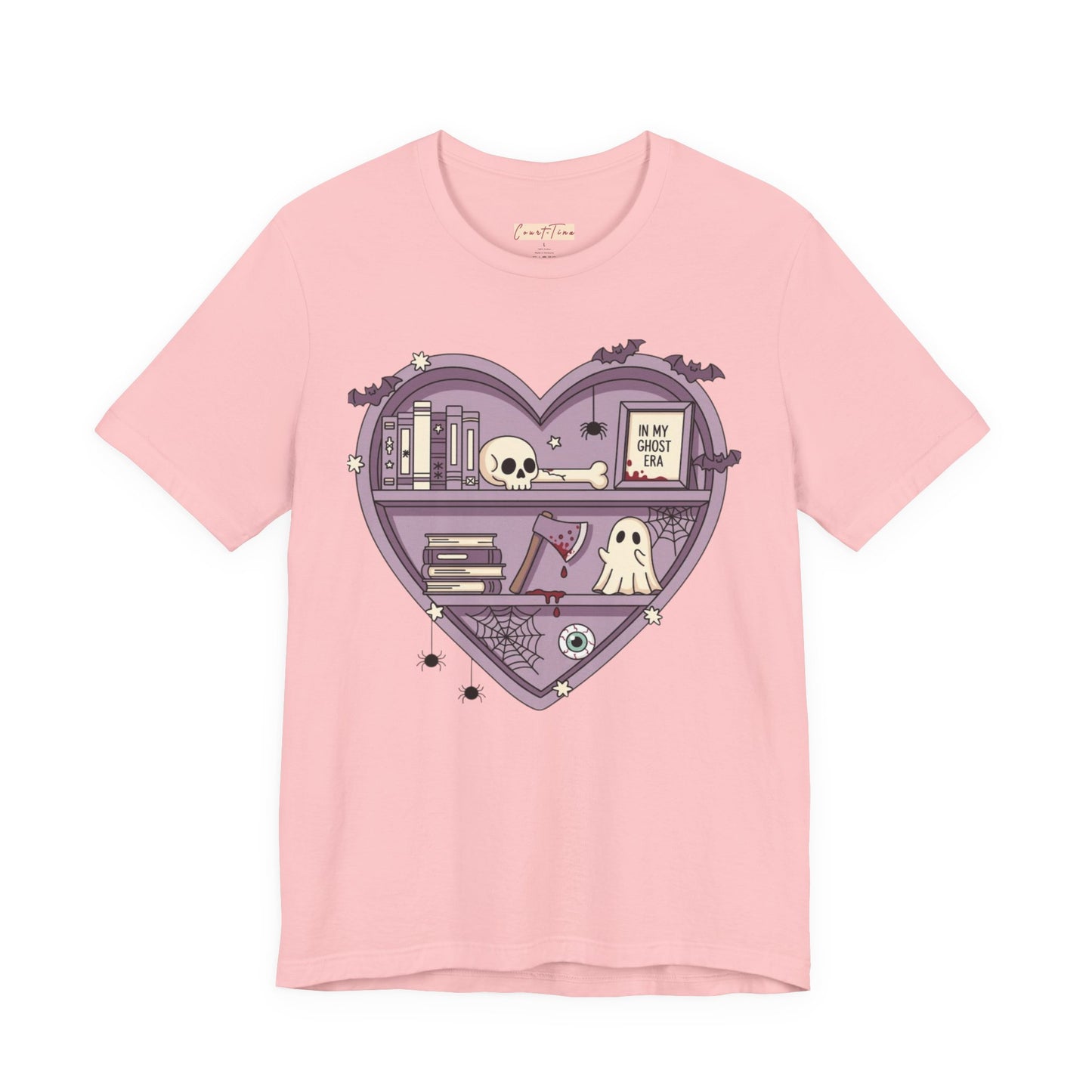 Heart-Shaped Ghostly Shelf Tee, Unisex Tee, Halloween Shirt, Fun Graphic Tee, Quirky Gift, Book Lover Apparel