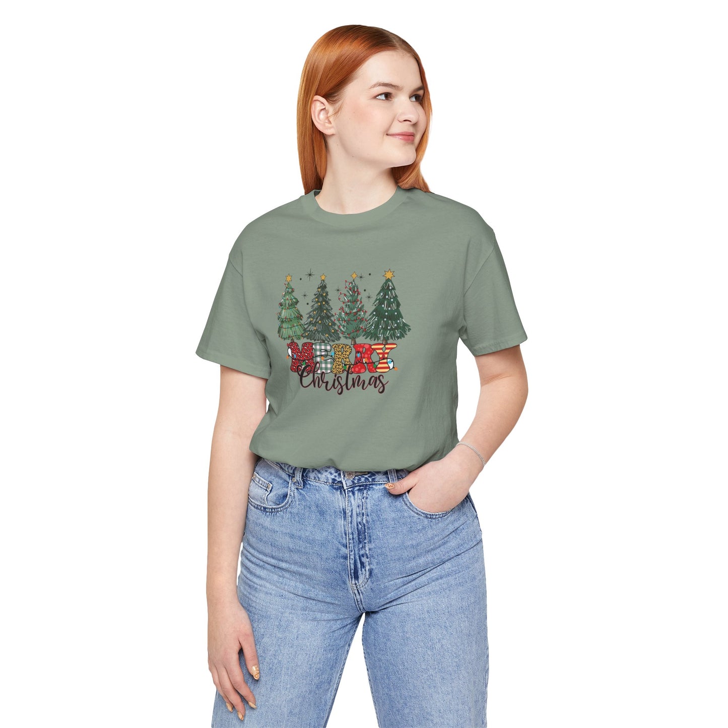 Merry Christmas Unisex Tee, Holiday T-Shirt, Christmas Gift, Festive Apparel, Tree Print Shirt, Seasonal Wear