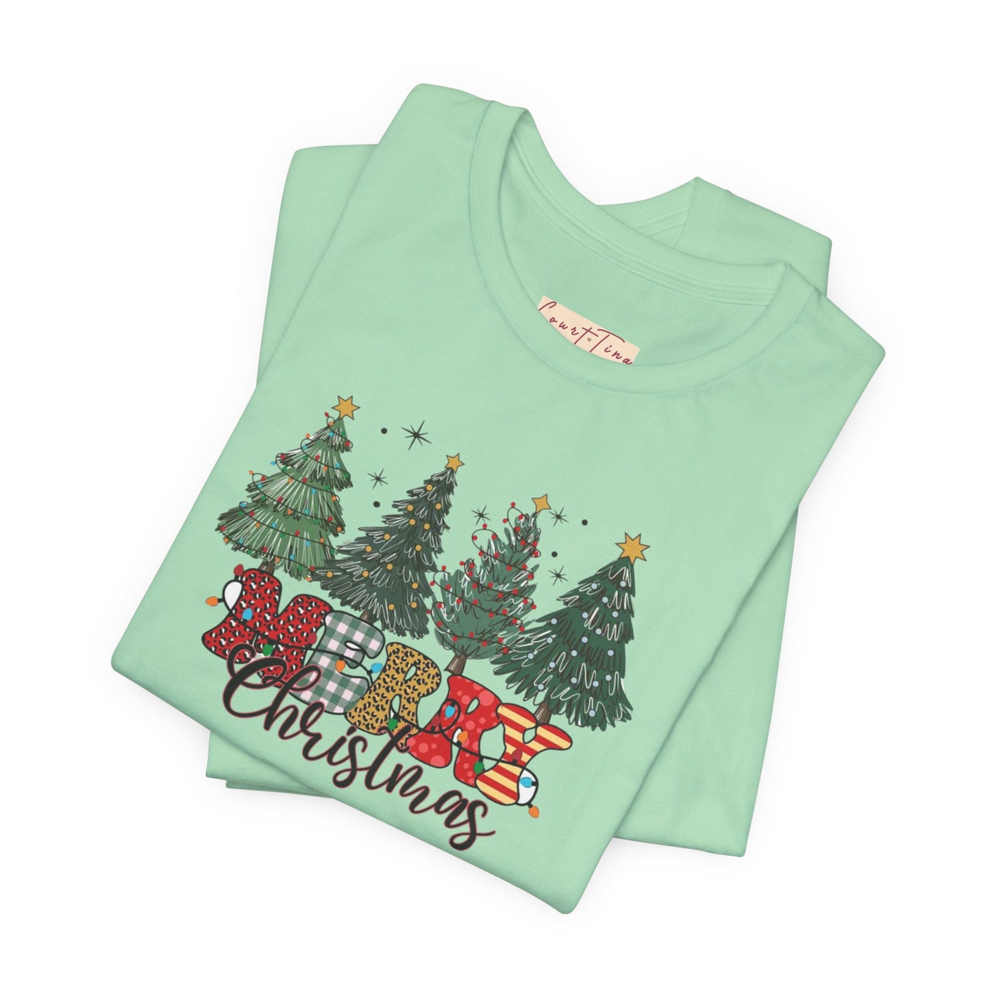 Merry Christmas Unisex Tee, Holiday T-Shirt, Christmas Gift, Festive Apparel, Tree Print Shirt, Seasonal Wear