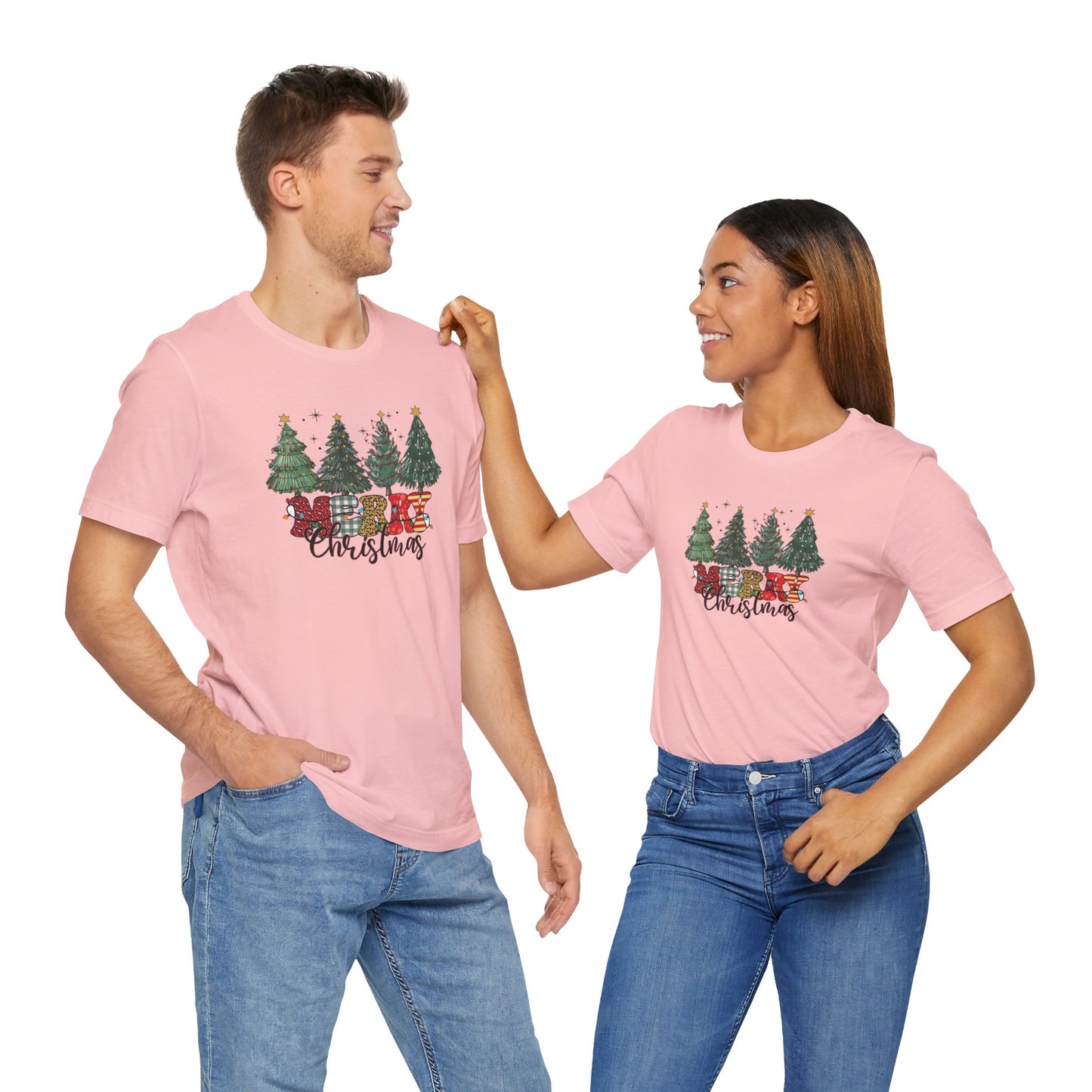 Merry Christmas Unisex Tee, Holiday T-Shirt, Christmas Gift, Festive Apparel, Tree Print Shirt, Seasonal Wear