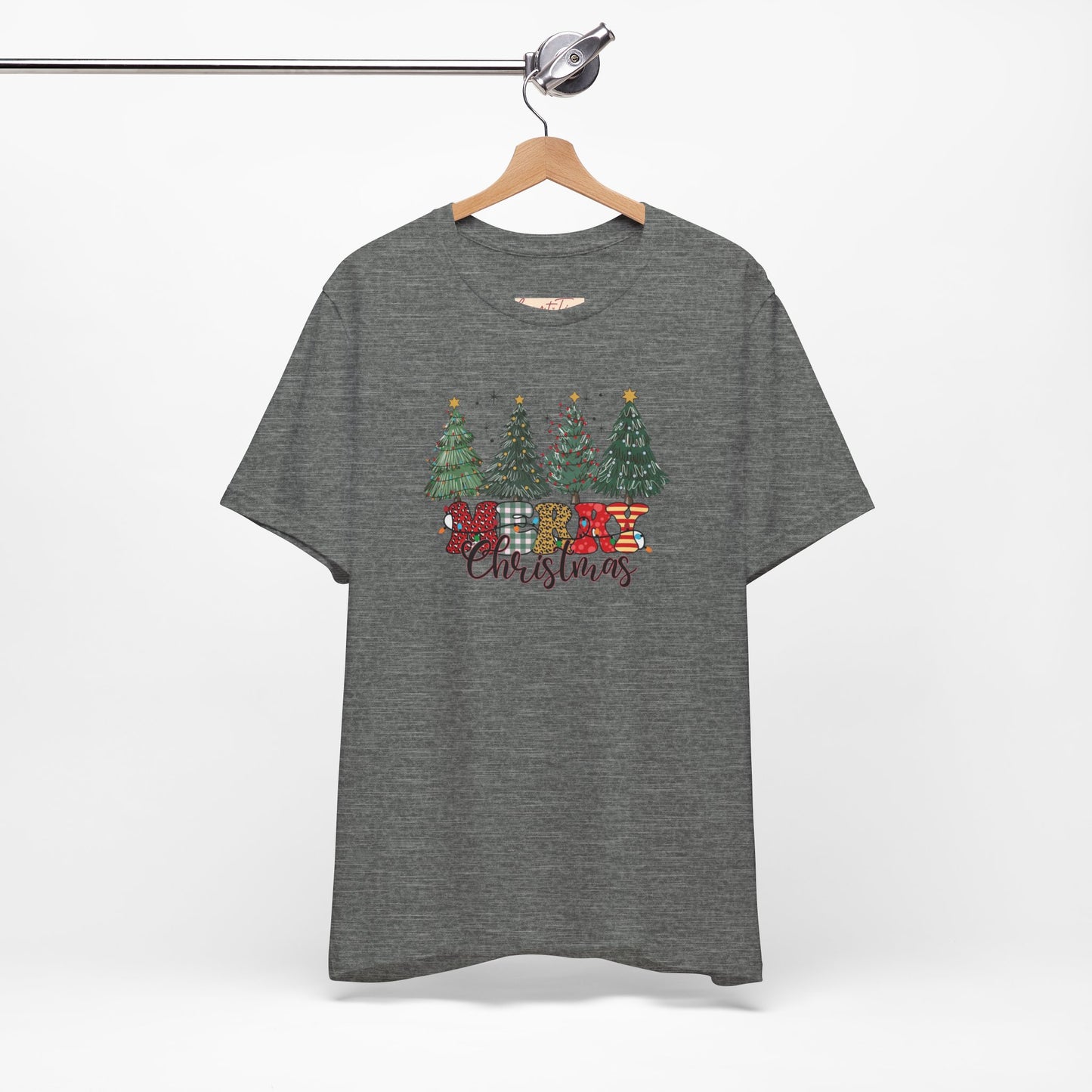 Merry Christmas Unisex Tee, Holiday T-Shirt, Christmas Gift, Festive Apparel, Tree Print Shirt, Seasonal Wear