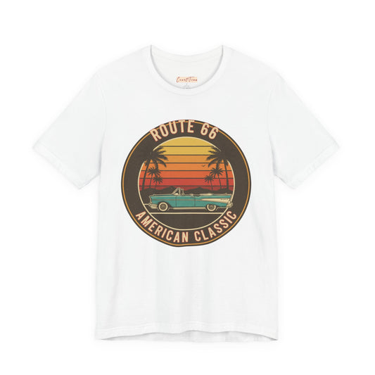 Retro Route 66 Tee, Vintage California Style T-Shirt, Summer Road Trip Shirt, American Classic Unisex Tee, Gift for Car Lovers