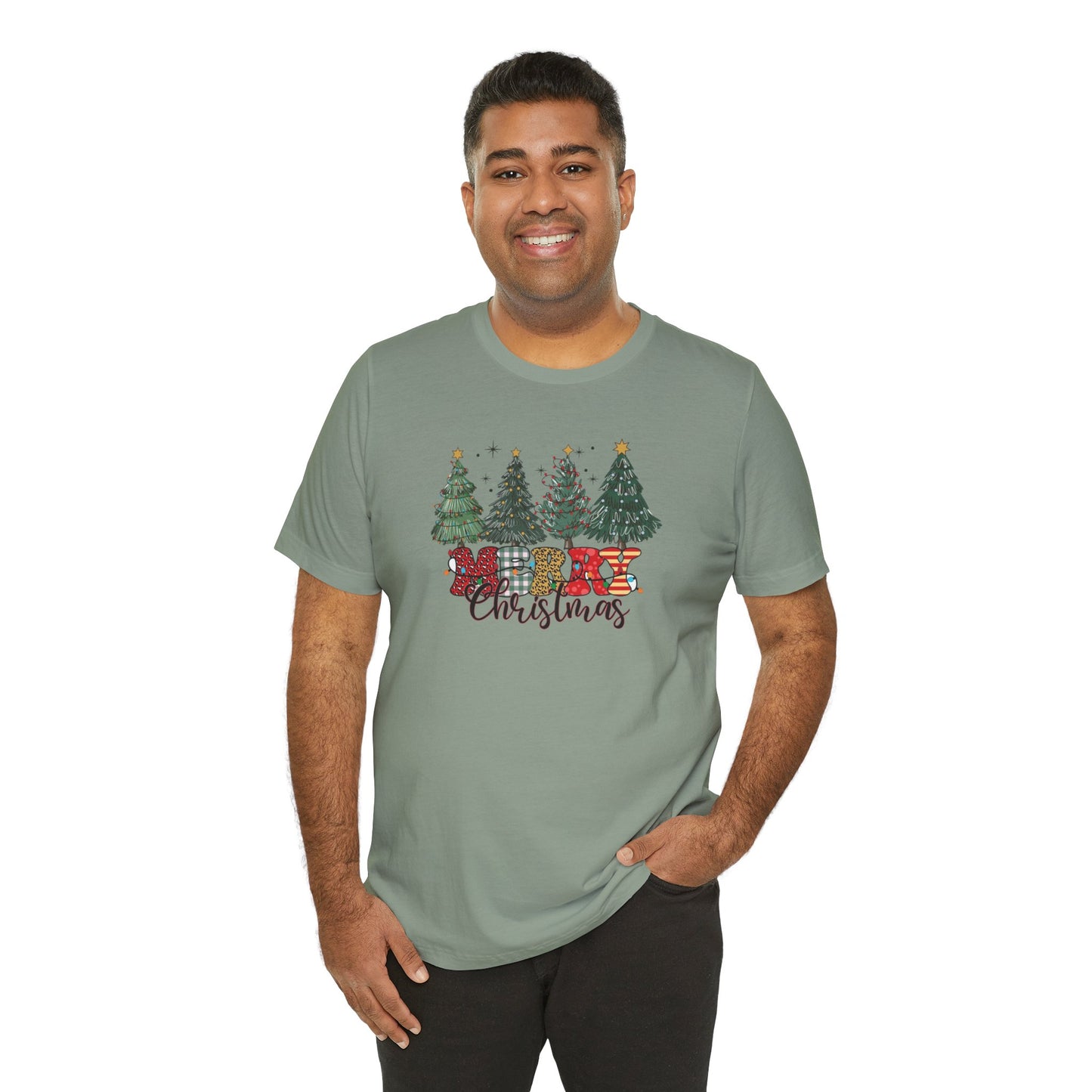 Merry Christmas Unisex Tee, Holiday T-Shirt, Christmas Gift, Festive Apparel, Tree Print Shirt, Seasonal Wear