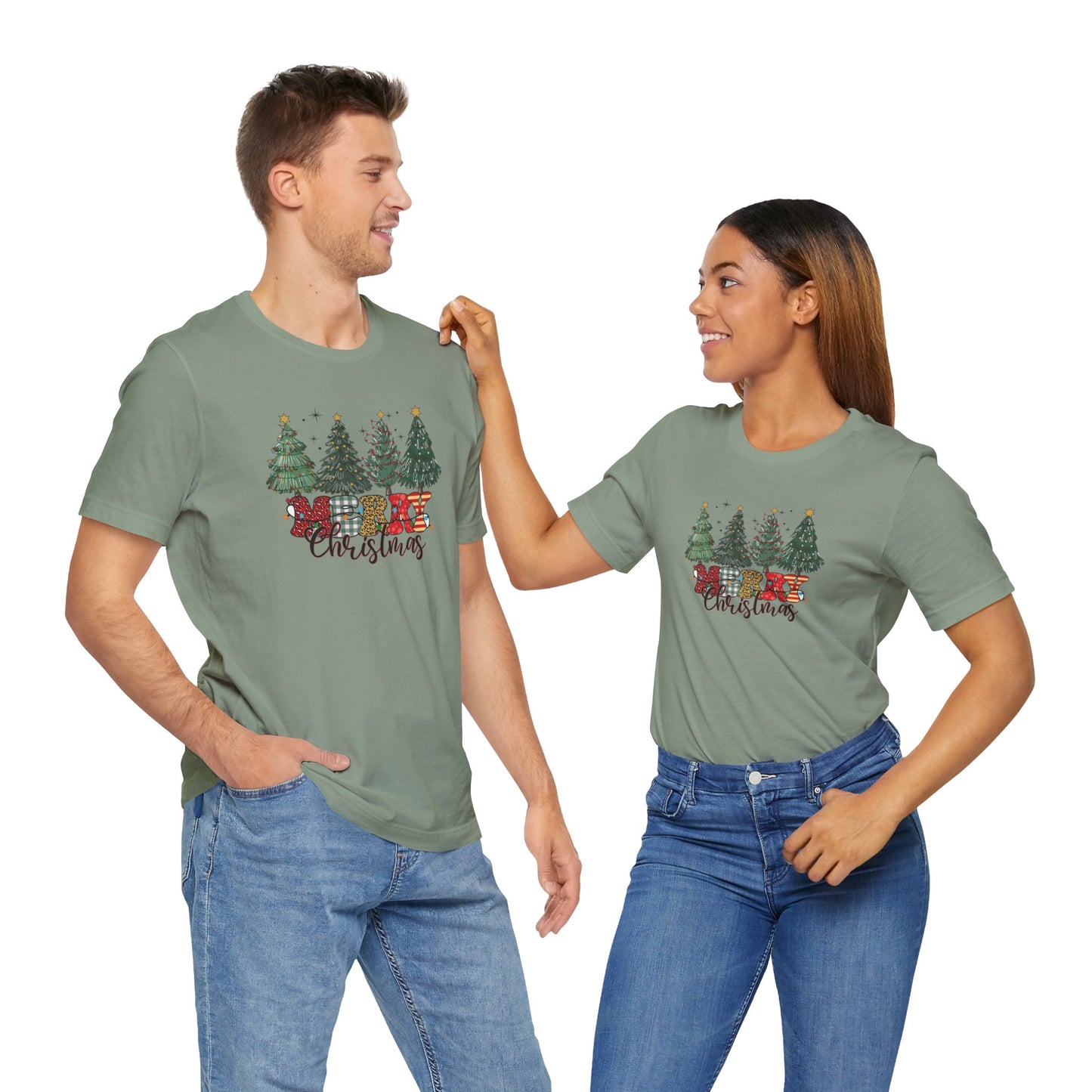Merry Christmas Unisex Tee, Holiday T-Shirt, Christmas Gift, Festive Apparel, Tree Print Shirt, Seasonal Wear