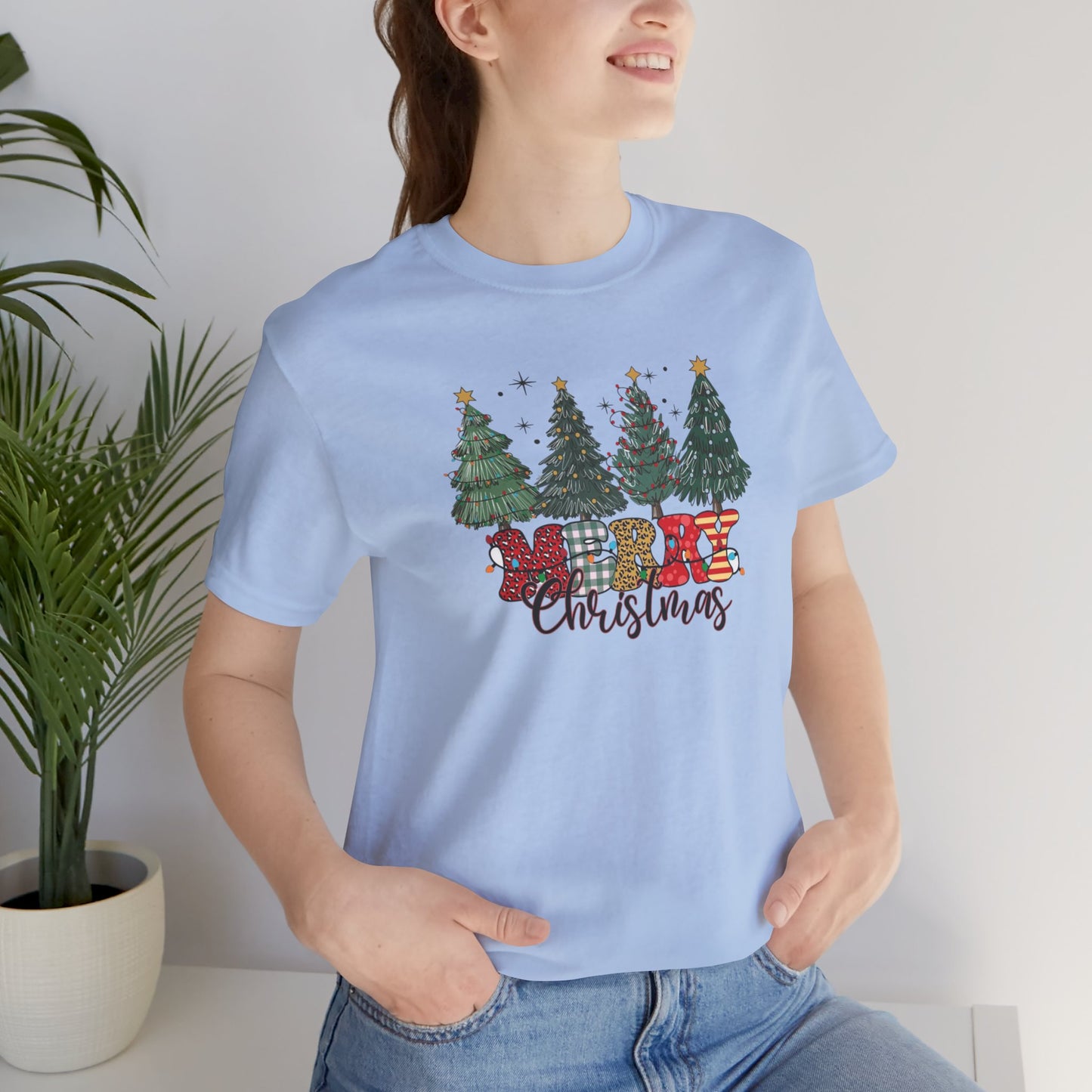 Merry Christmas Unisex Tee, Holiday T-Shirt, Christmas Gift, Festive Apparel, Tree Print Shirt, Seasonal Wear