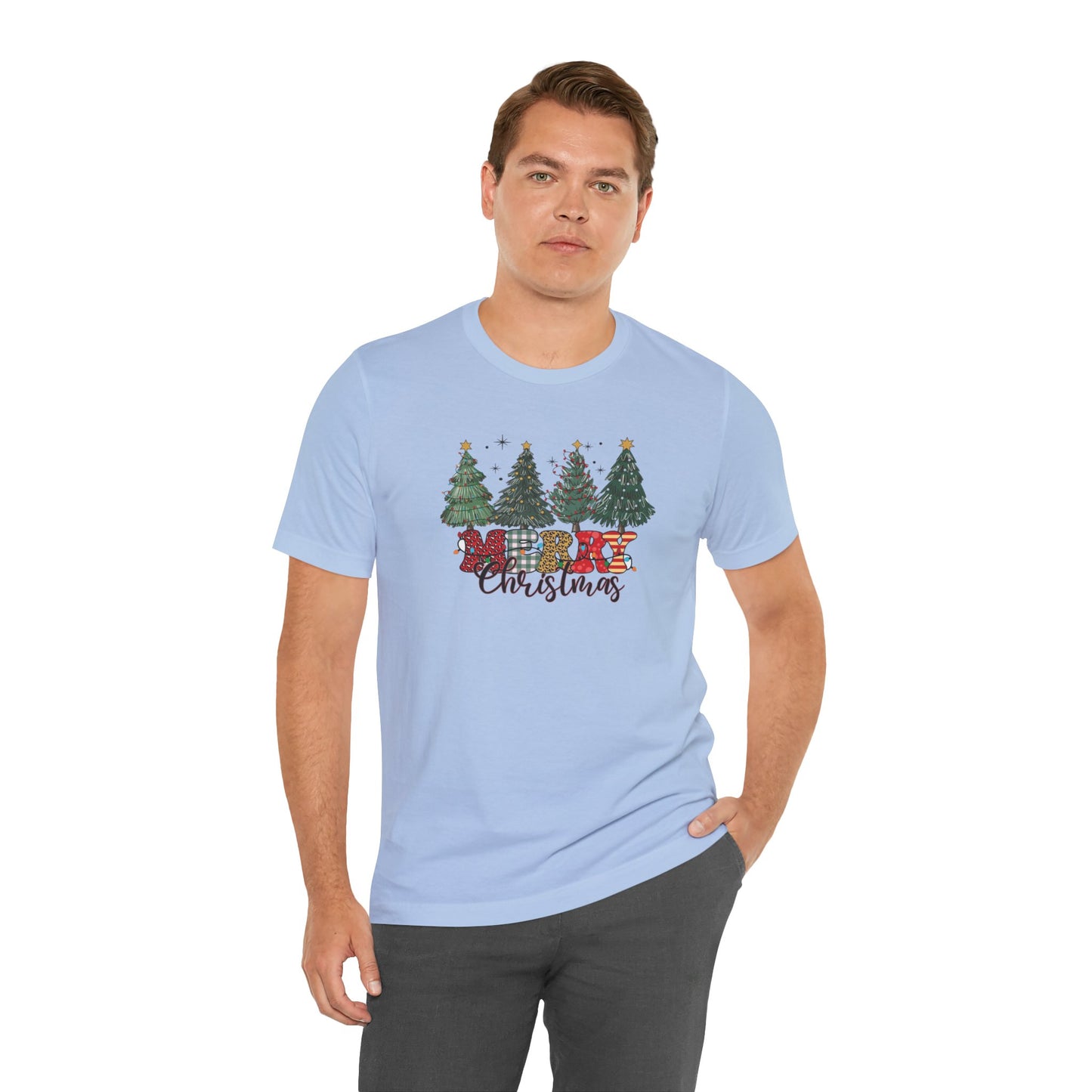 Merry Christmas Unisex Tee, Holiday T-Shirt, Christmas Gift, Festive Apparel, Tree Print Shirt, Seasonal Wear