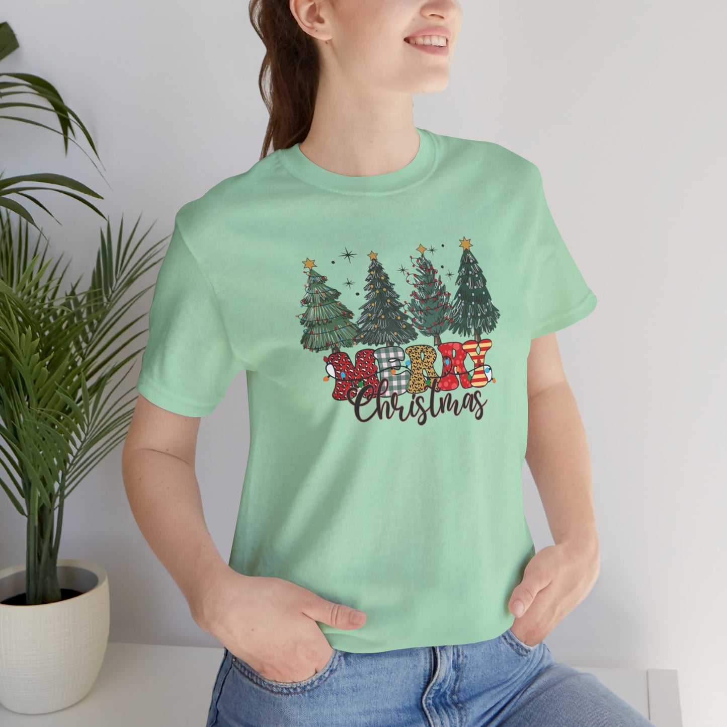 Merry Christmas Unisex Tee, Holiday T-Shirt, Christmas Gift, Festive Apparel, Tree Print Shirt, Seasonal Wear