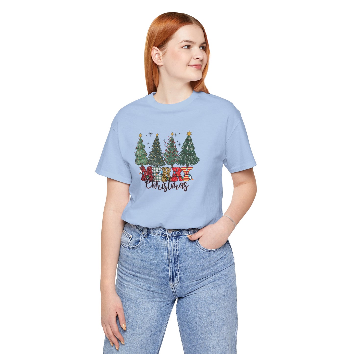 Merry Christmas Unisex Tee, Holiday T-Shirt, Christmas Gift, Festive Apparel, Tree Print Shirt, Seasonal Wear