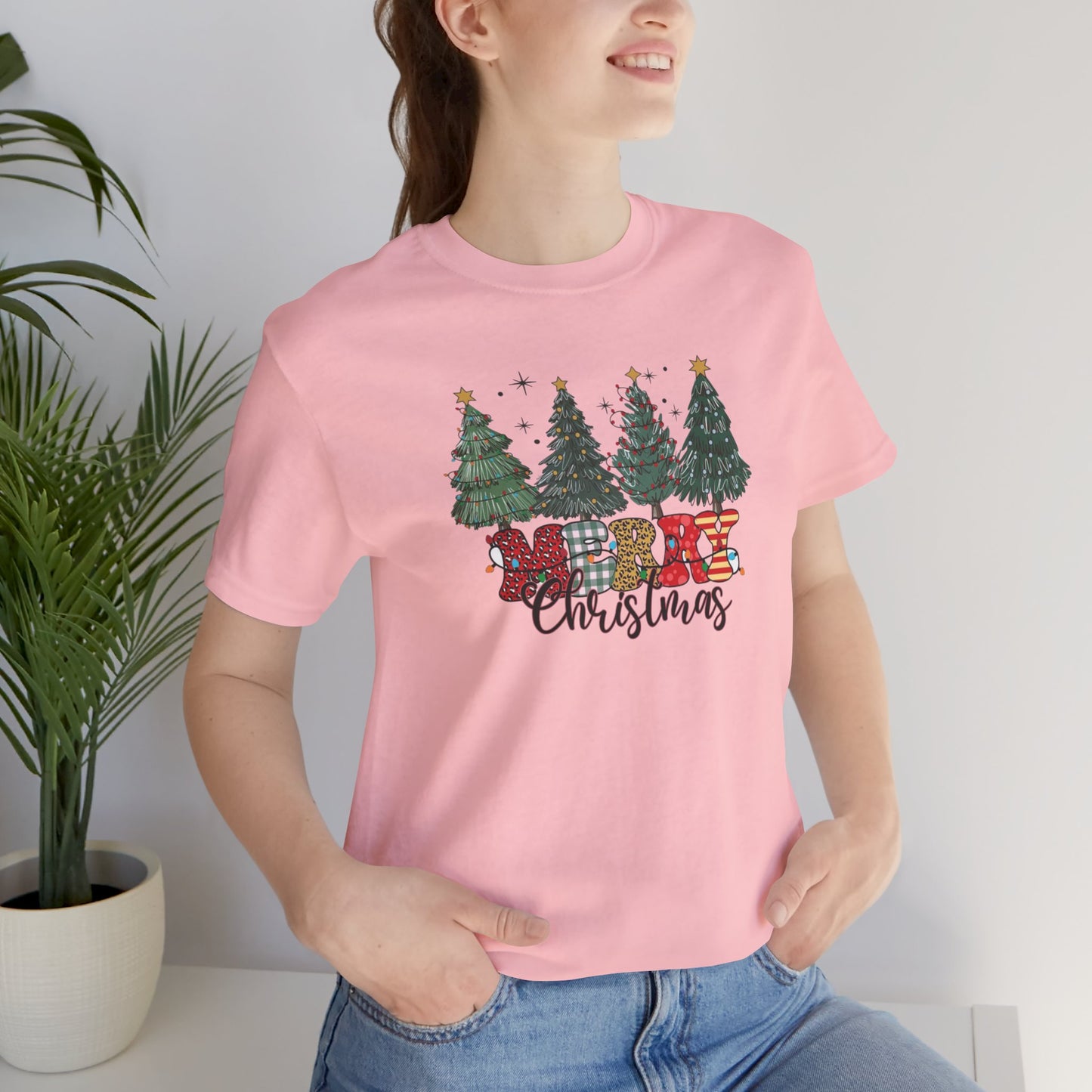 Merry Christmas Unisex Tee, Holiday T-Shirt, Christmas Gift, Festive Apparel, Tree Print Shirt, Seasonal Wear