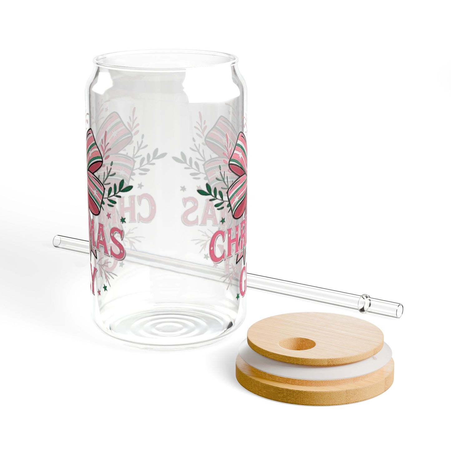 Christmas-Themed Sipper Glass, 16oz | Holiday Drinkware, Gift for Her, Eco-Friendly, Fun Kitchen Decor, Seasonal Party Accessory