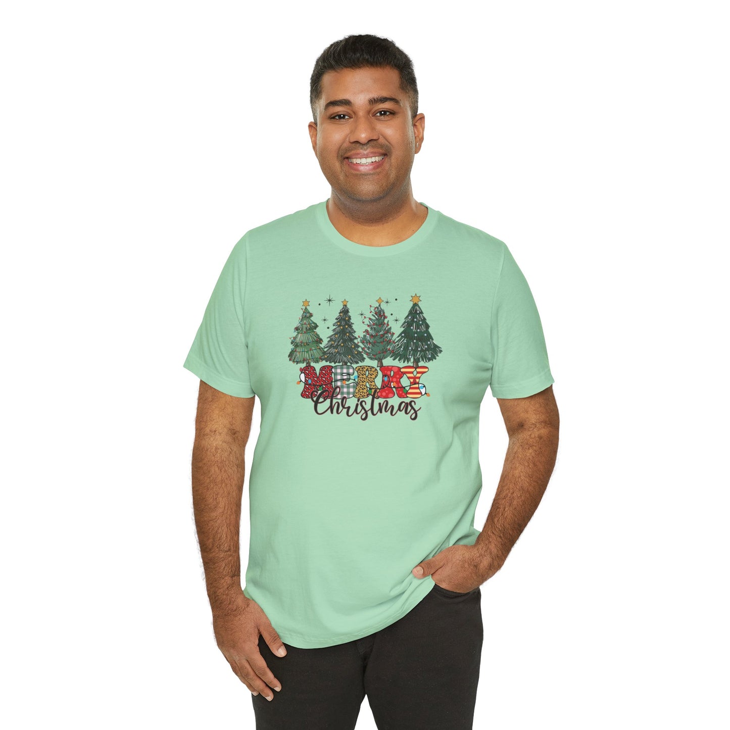 Merry Christmas Unisex Tee, Holiday T-Shirt, Christmas Gift, Festive Apparel, Tree Print Shirt, Seasonal Wear