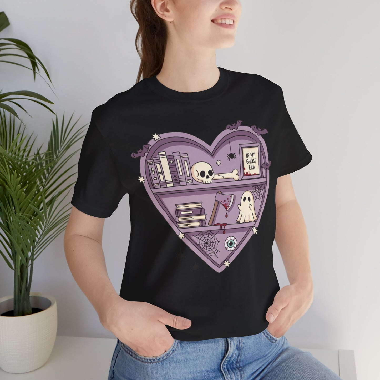 Heart-Shaped Ghostly Shelf Tee, Unisex Tee, Halloween Shirt, Fun Graphic Tee, Quirky Gift, Book Lover Apparel