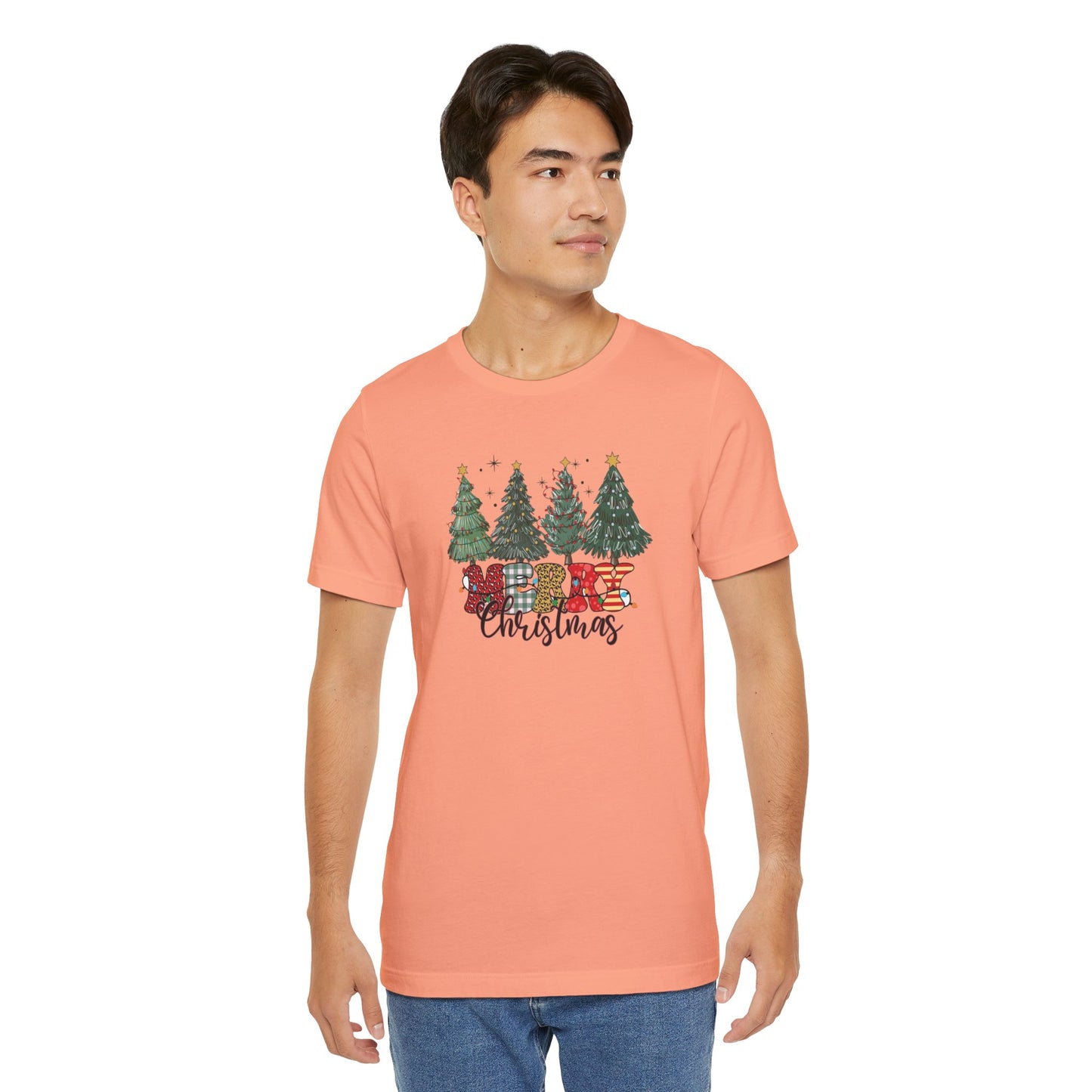 Merry Christmas Unisex Tee, Holiday T-Shirt, Christmas Gift, Festive Apparel, Tree Print Shirt, Seasonal Wear