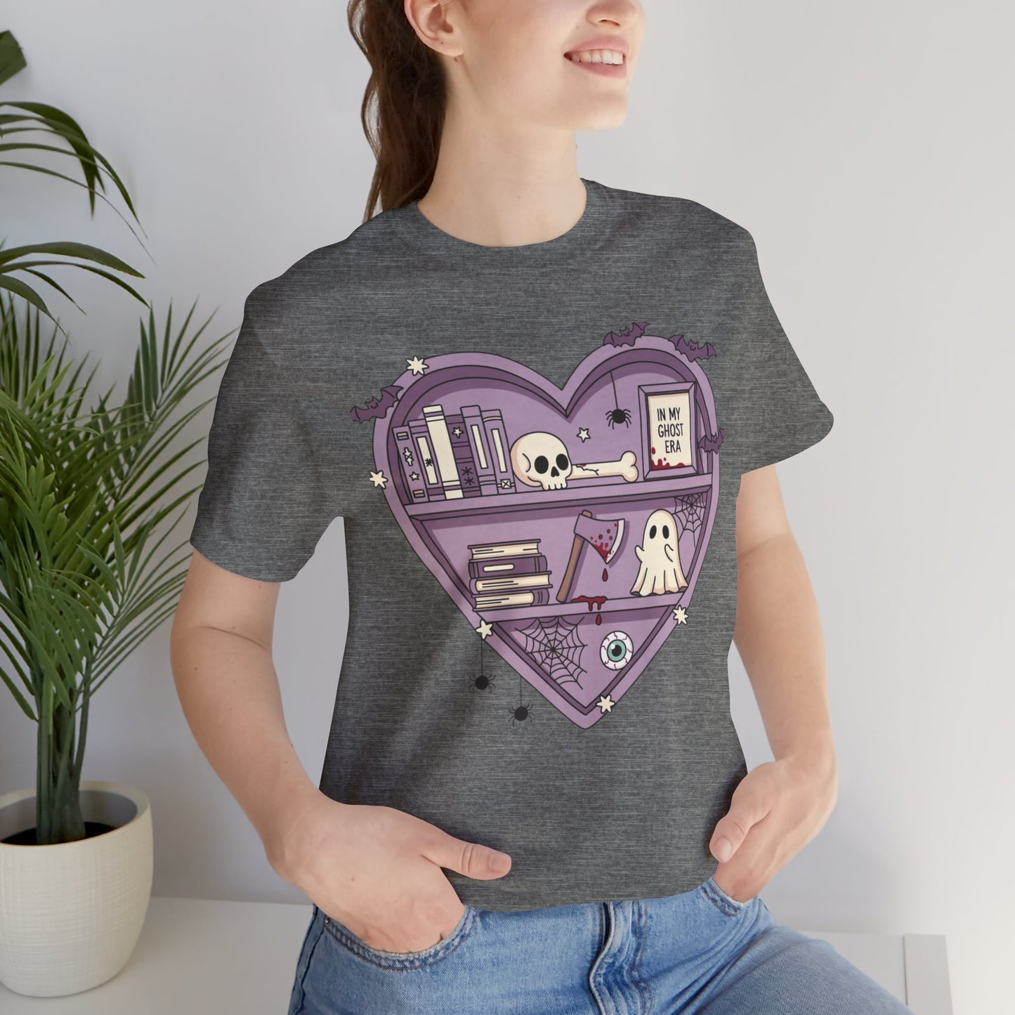 Heart-Shaped Ghostly Shelf Tee, Unisex Tee, Halloween Shirt, Fun Graphic Tee, Quirky Gift, Book Lover Apparel