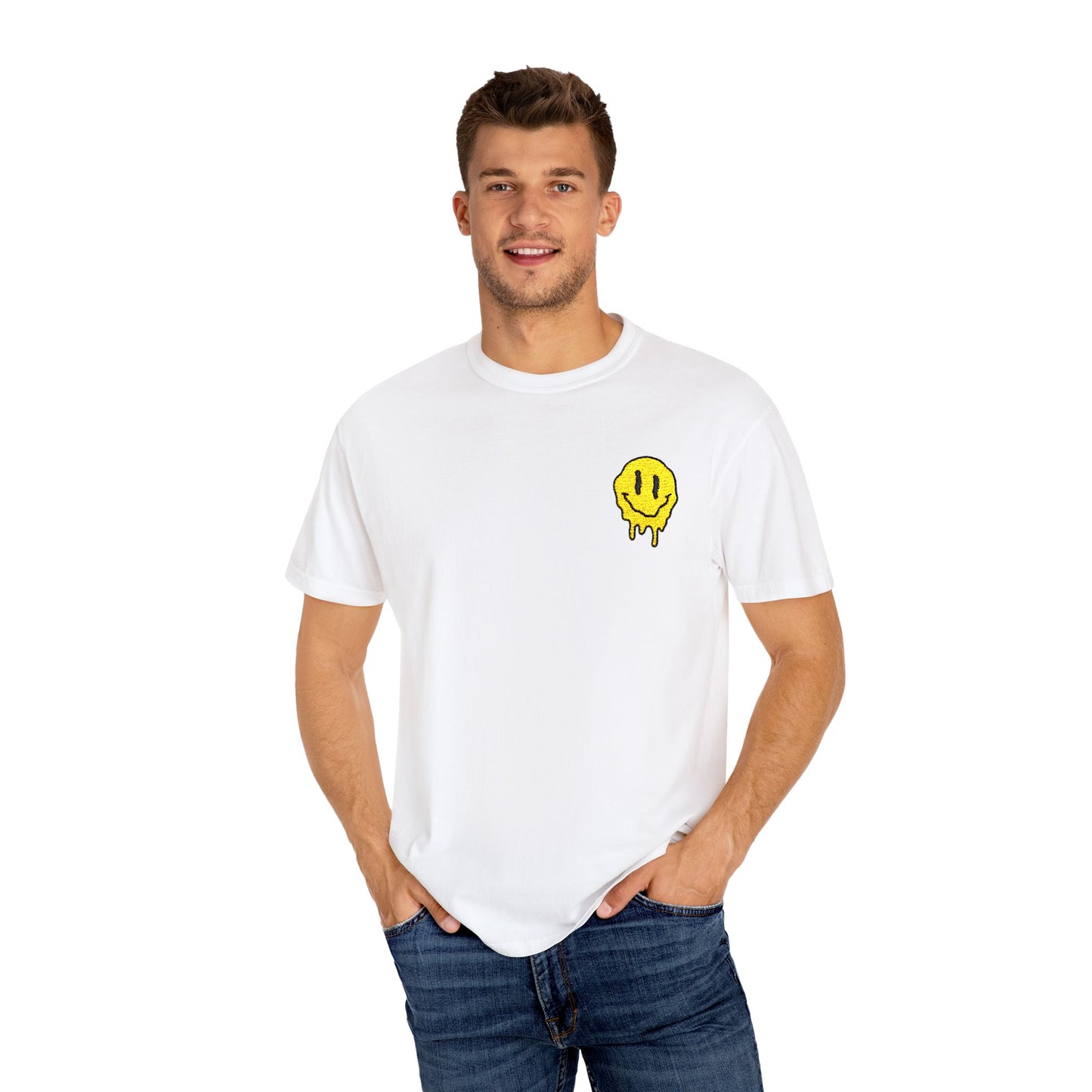 Smiley Face Unisex Garment-Dyed T-Shirt, Casual Tee, Summer Fashion, Gift for Friends, Unique Everyday Wear, Positive Vibe Apparel