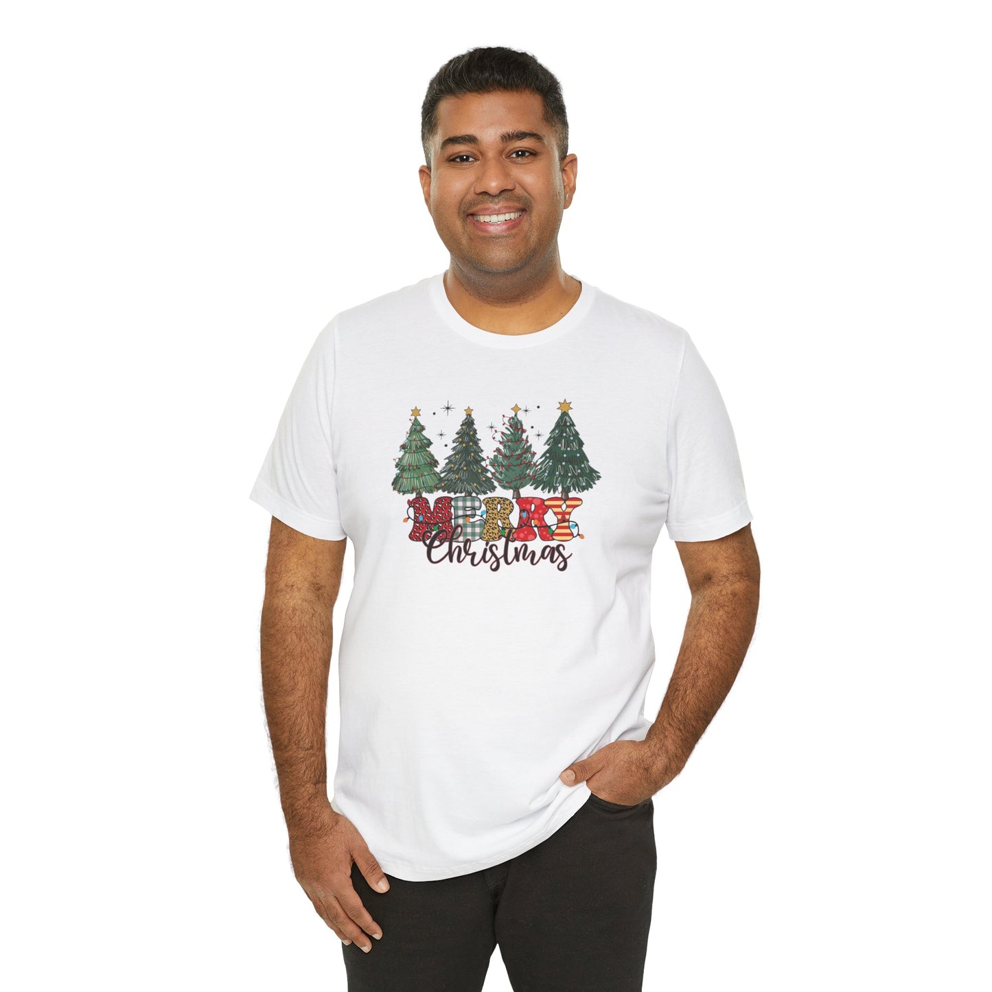 Merry Christmas Unisex Tee, Holiday T-Shirt, Christmas Gift, Festive Apparel, Tree Print Shirt, Seasonal Wear