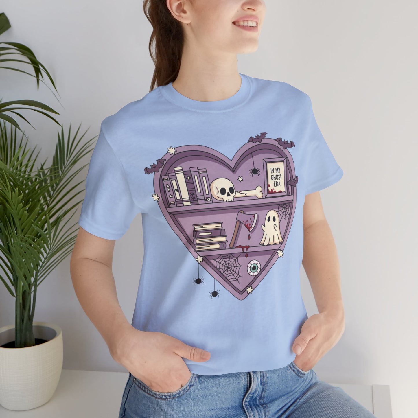 Heart-Shaped Ghostly Shelf Tee, Unisex Tee, Halloween Shirt, Fun Graphic Tee, Quirky Gift, Book Lover Apparel