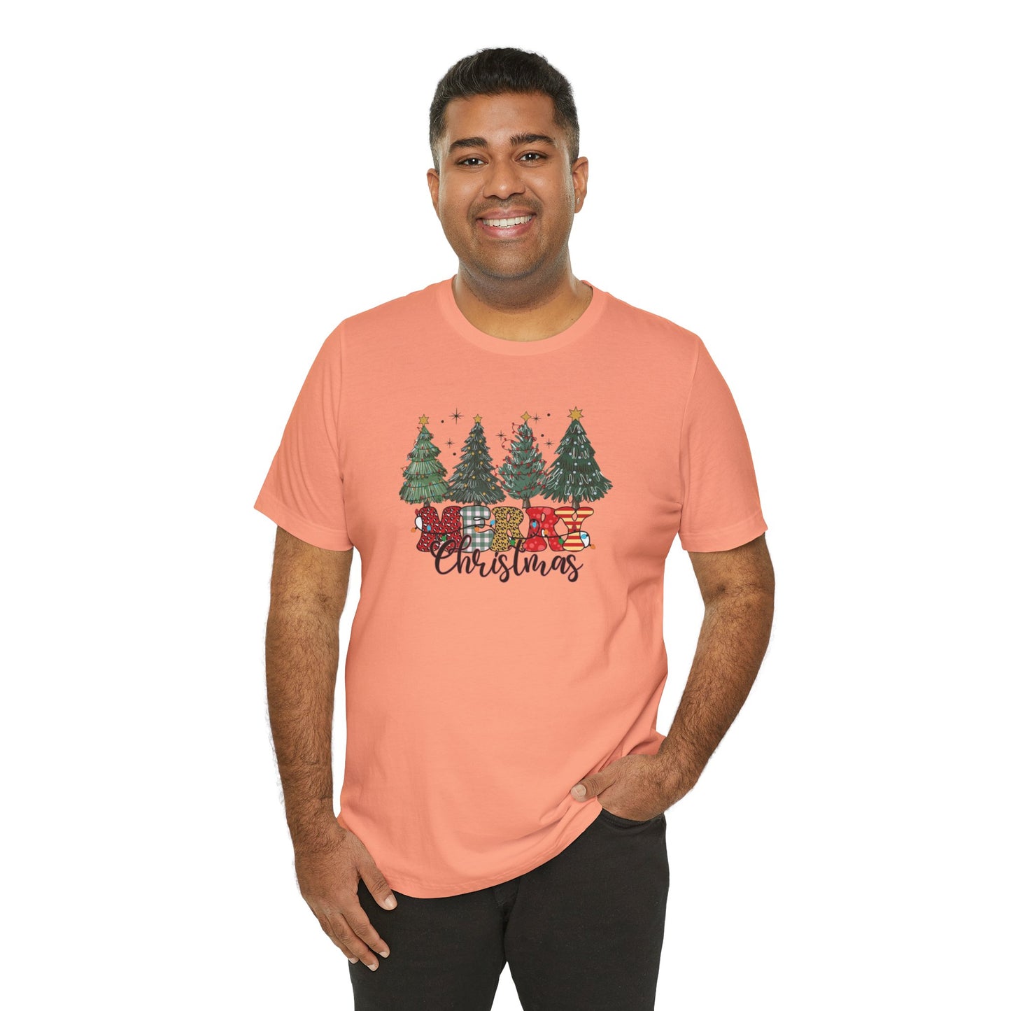 Merry Christmas Unisex Tee, Holiday T-Shirt, Christmas Gift, Festive Apparel, Tree Print Shirt, Seasonal Wear