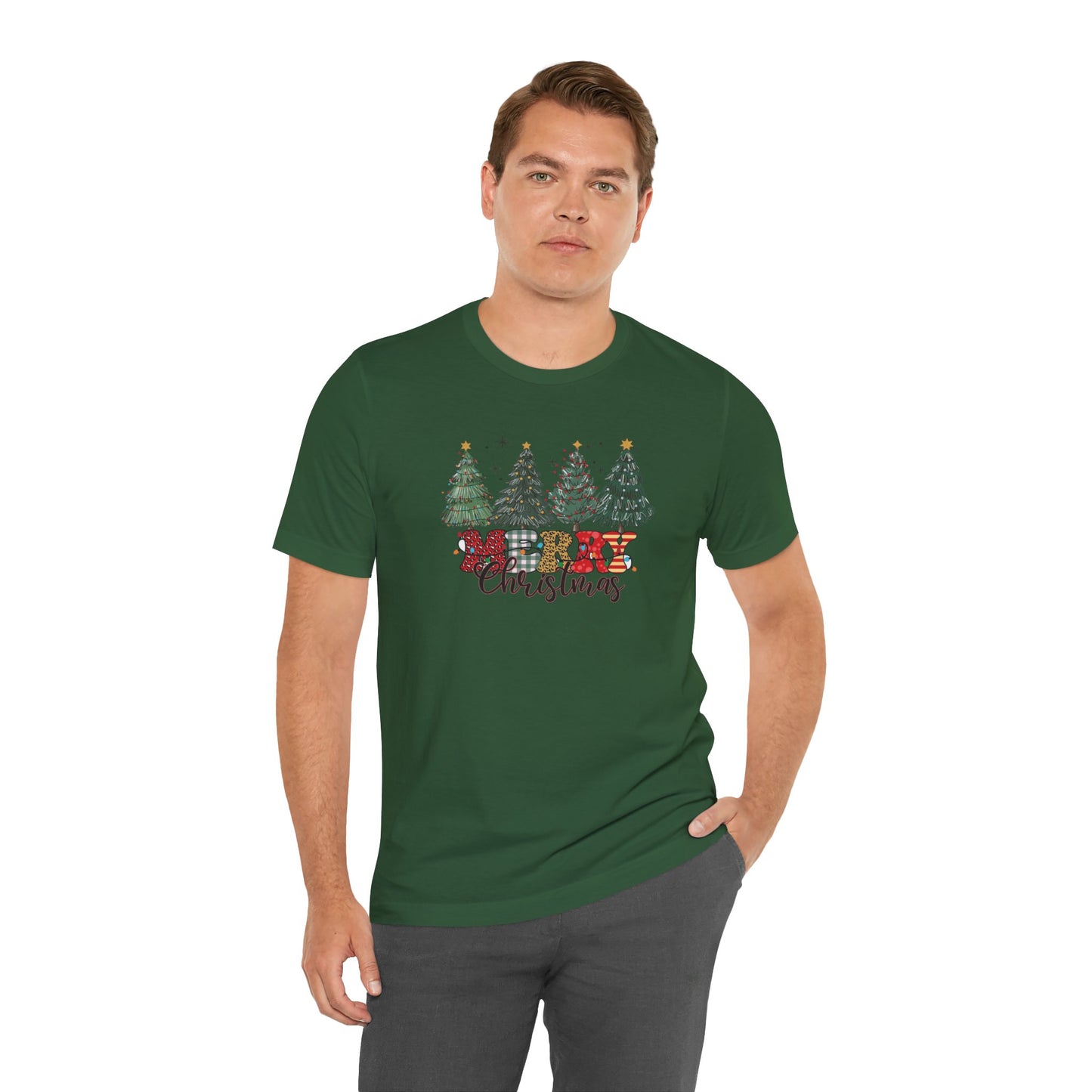 Merry Christmas Unisex Tee, Holiday T-Shirt, Christmas Gift, Festive Apparel, Tree Print Shirt, Seasonal Wear