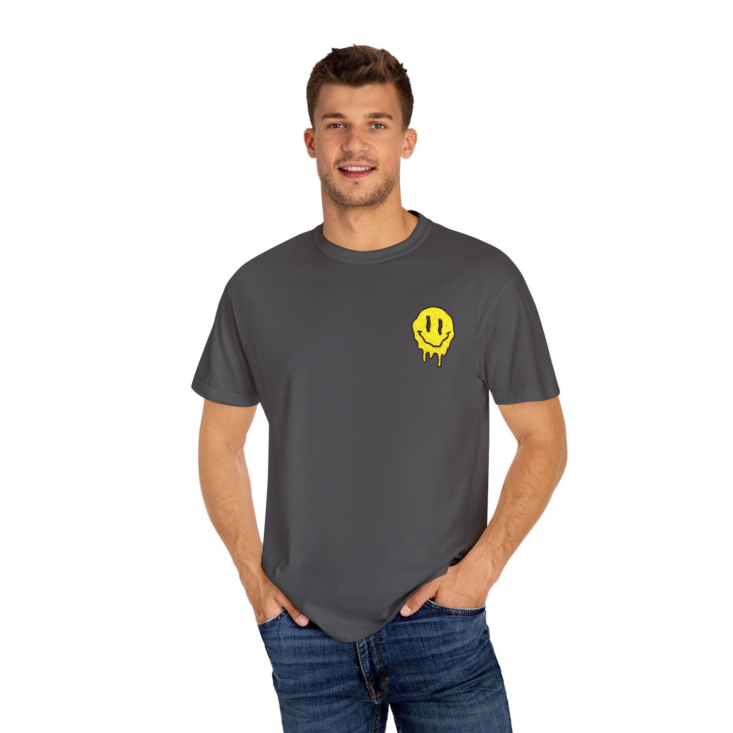 Smiley Face Unisex Garment-Dyed T-Shirt, Casual Tee, Summer Fashion, Gift for Friends, Unique Everyday Wear, Positive Vibe Apparel