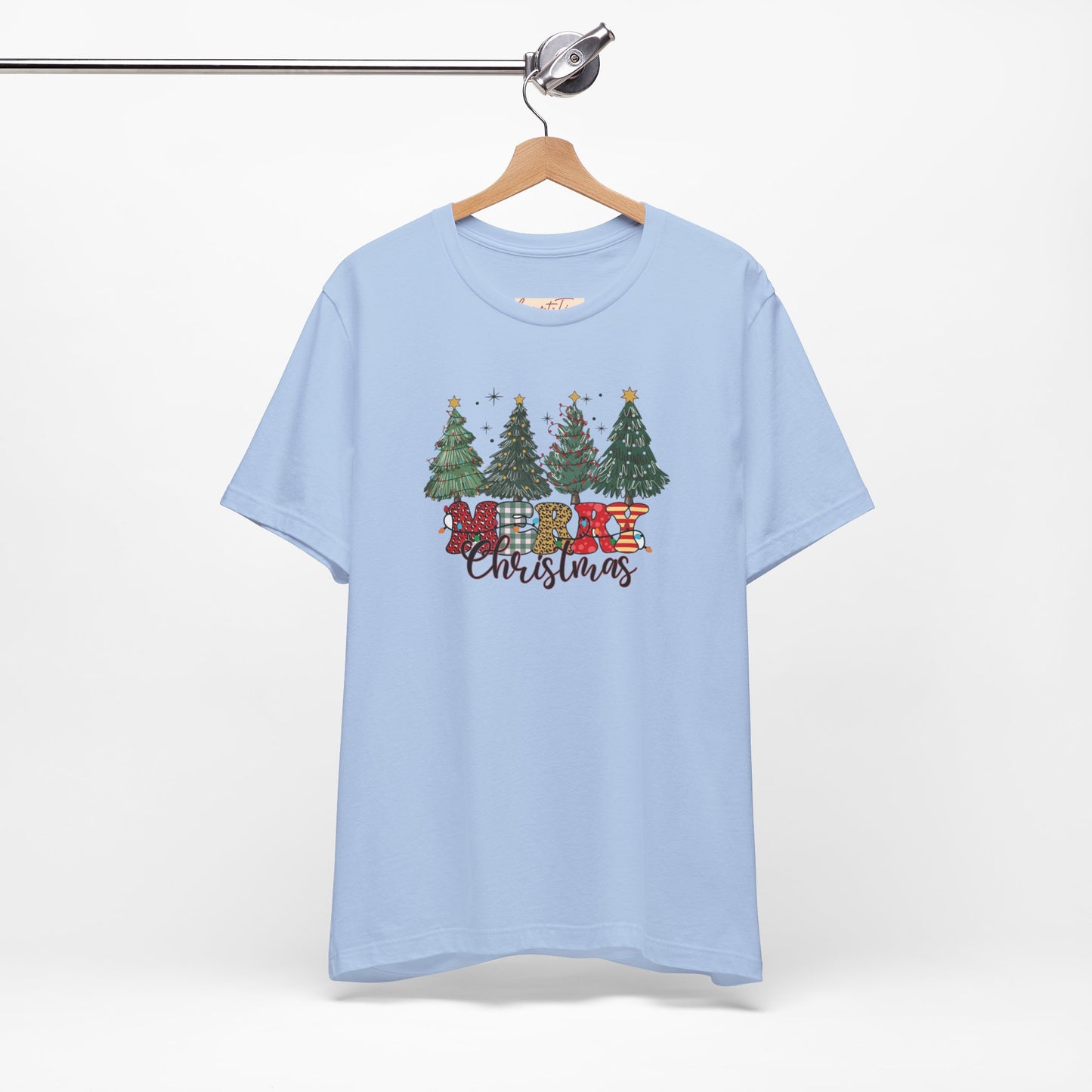 Merry Christmas Unisex Tee, Holiday T-Shirt, Christmas Gift, Festive Apparel, Tree Print Shirt, Seasonal Wear