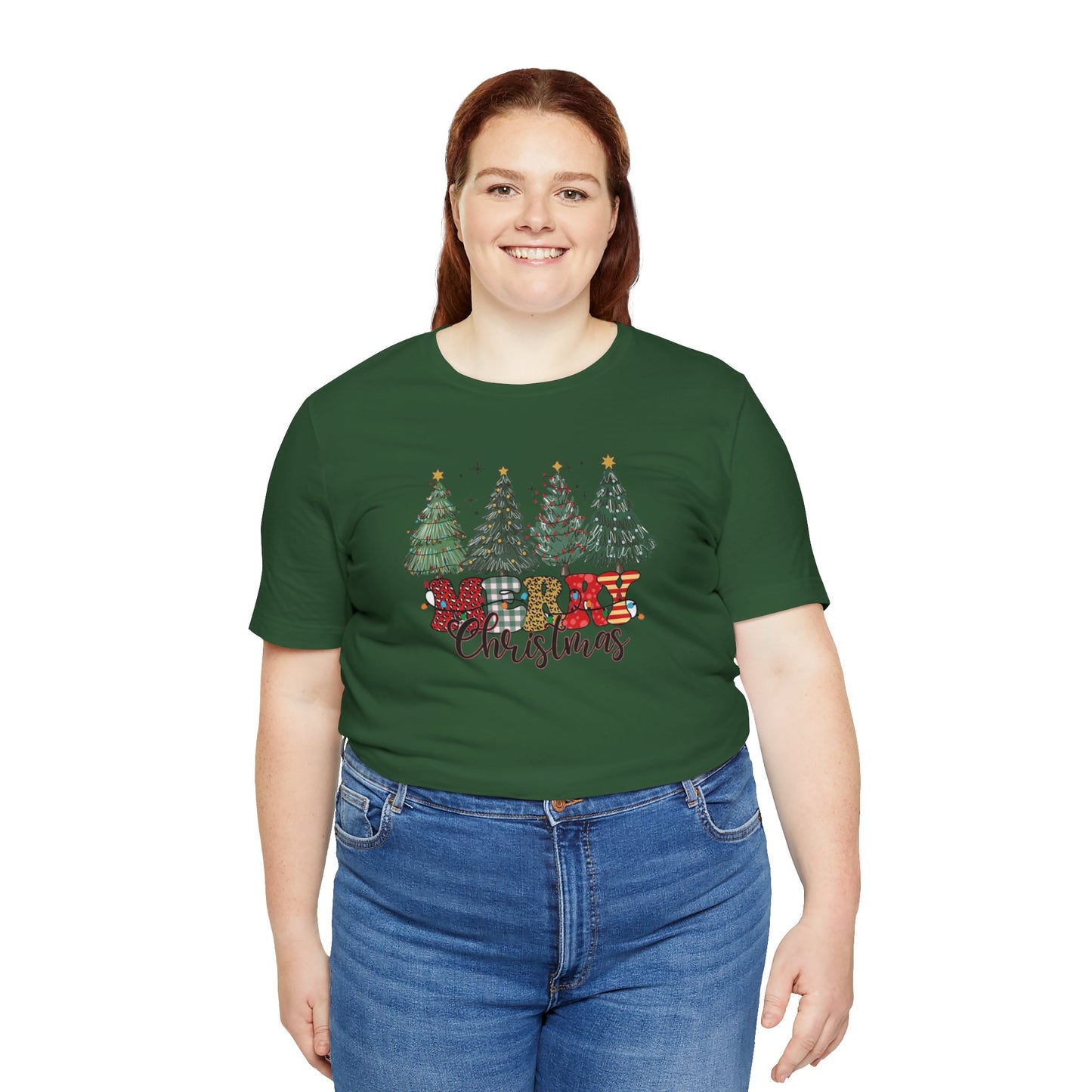 Merry Christmas Unisex Tee, Holiday T-Shirt, Christmas Gift, Festive Apparel, Tree Print Shirt, Seasonal Wear