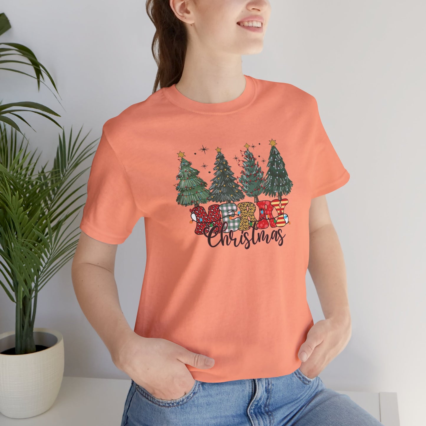 Merry Christmas Unisex Tee, Holiday T-Shirt, Christmas Gift, Festive Apparel, Tree Print Shirt, Seasonal Wear