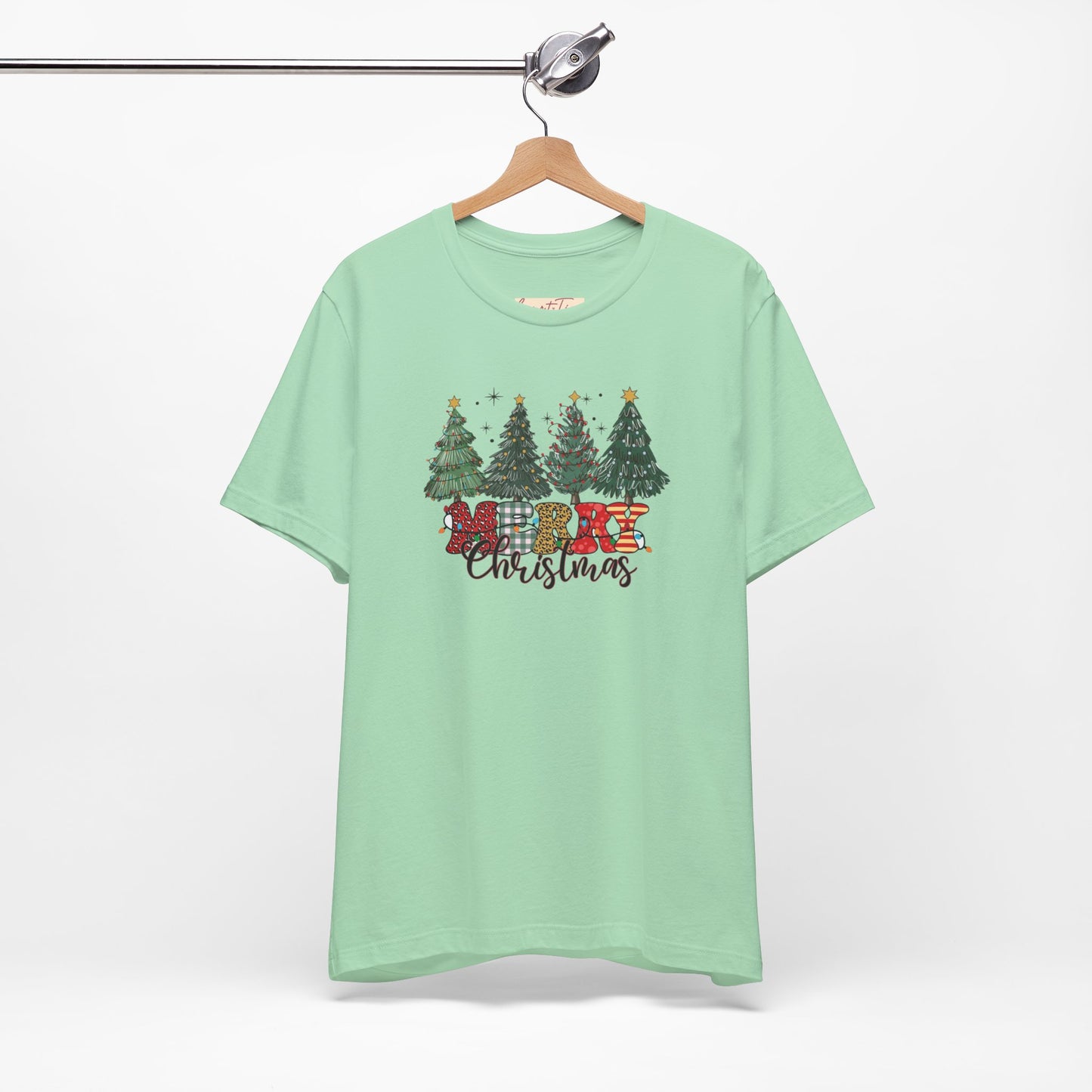 Merry Christmas Unisex Tee, Holiday T-Shirt, Christmas Gift, Festive Apparel, Tree Print Shirt, Seasonal Wear