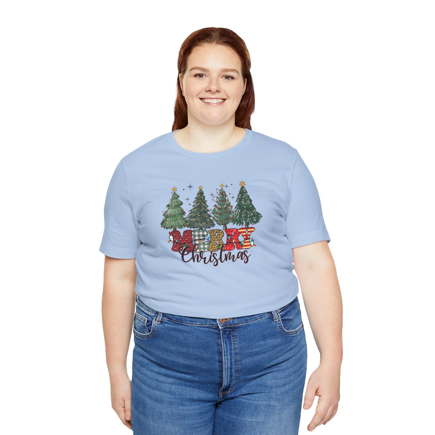 Merry Christmas Unisex Tee, Holiday T-Shirt, Christmas Gift, Festive Apparel, Tree Print Shirt, Seasonal Wear