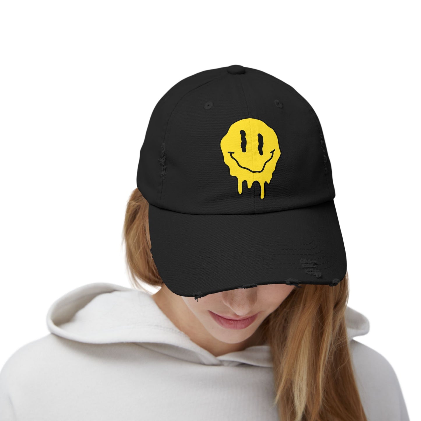 Smiley Face Distressed Cap | Unisex Hat for Casual Wear, Trendy Accessories, Gift Ideas for Friends, Summer Style, Streetwear