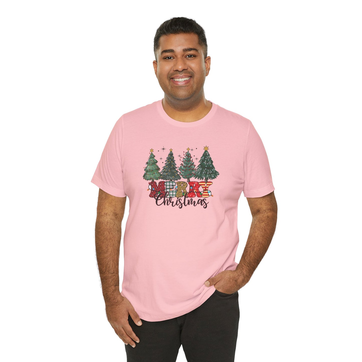 Merry Christmas Unisex Tee, Holiday T-Shirt, Christmas Gift, Festive Apparel, Tree Print Shirt, Seasonal Wear