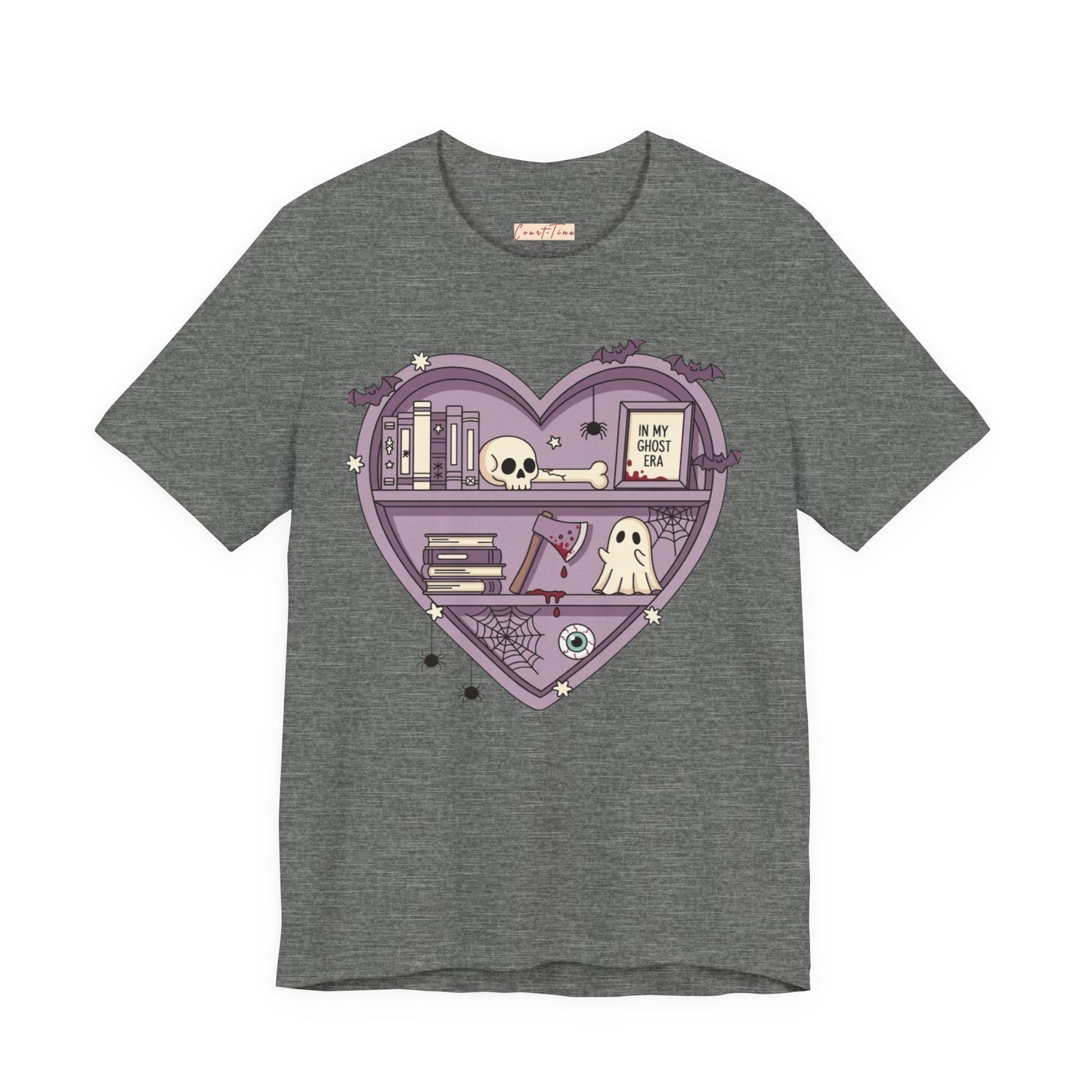 Heart-Shaped Ghostly Shelf Tee, Unisex Tee, Halloween Shirt, Fun Graphic Tee, Quirky Gift, Book Lover Apparel
