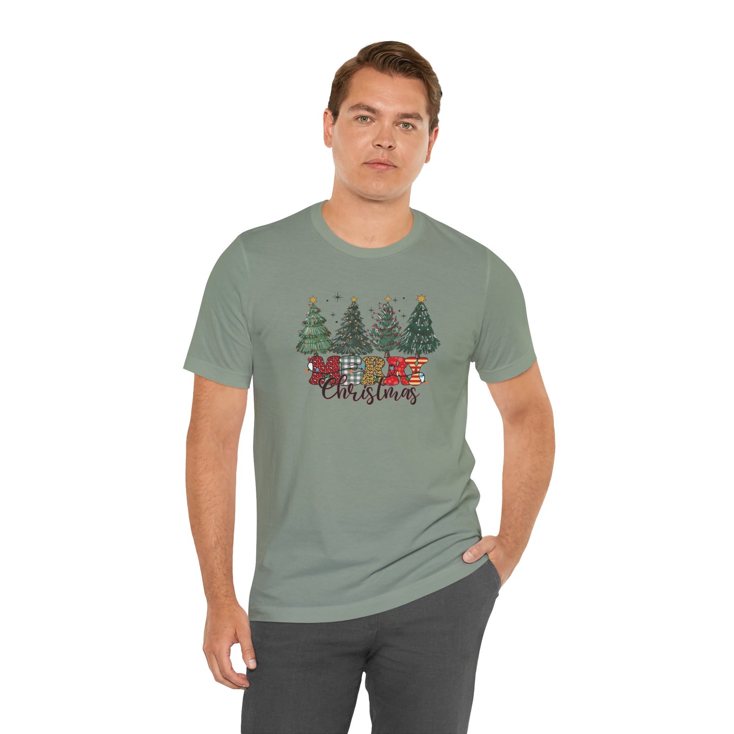 Merry Christmas Unisex Tee, Holiday T-Shirt, Christmas Gift, Festive Apparel, Tree Print Shirt, Seasonal Wear