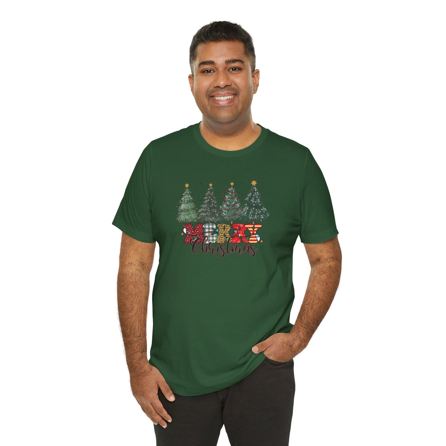 Merry Christmas Unisex Tee, Holiday T-Shirt, Christmas Gift, Festive Apparel, Tree Print Shirt, Seasonal Wear