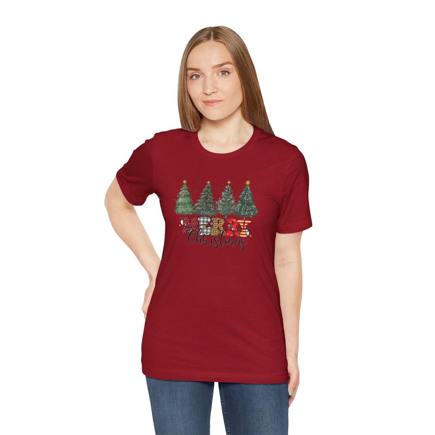 Merry Christmas Unisex Tee, Holiday T-Shirt, Christmas Gift, Festive Apparel, Tree Print Shirt, Seasonal Wear