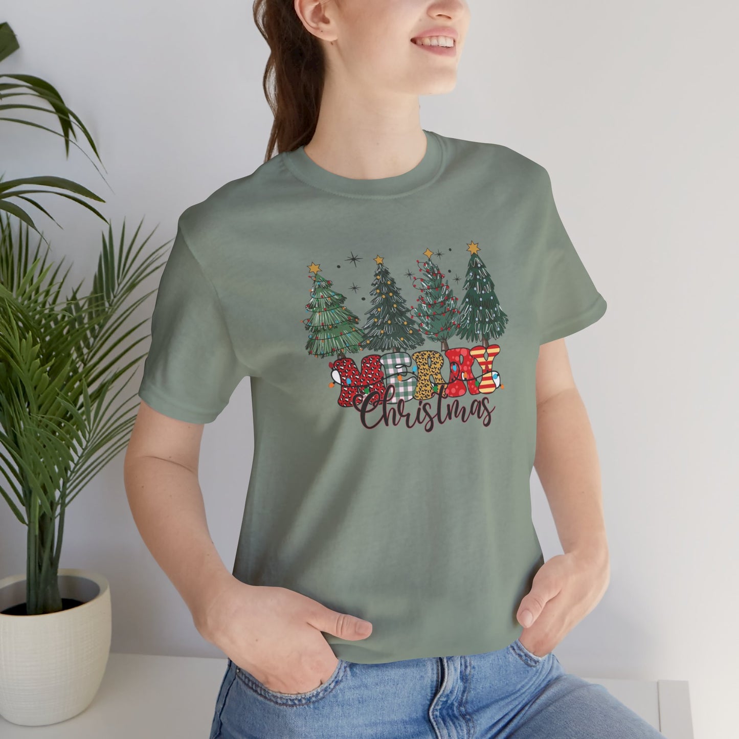 Merry Christmas Unisex Tee, Holiday T-Shirt, Christmas Gift, Festive Apparel, Tree Print Shirt, Seasonal Wear