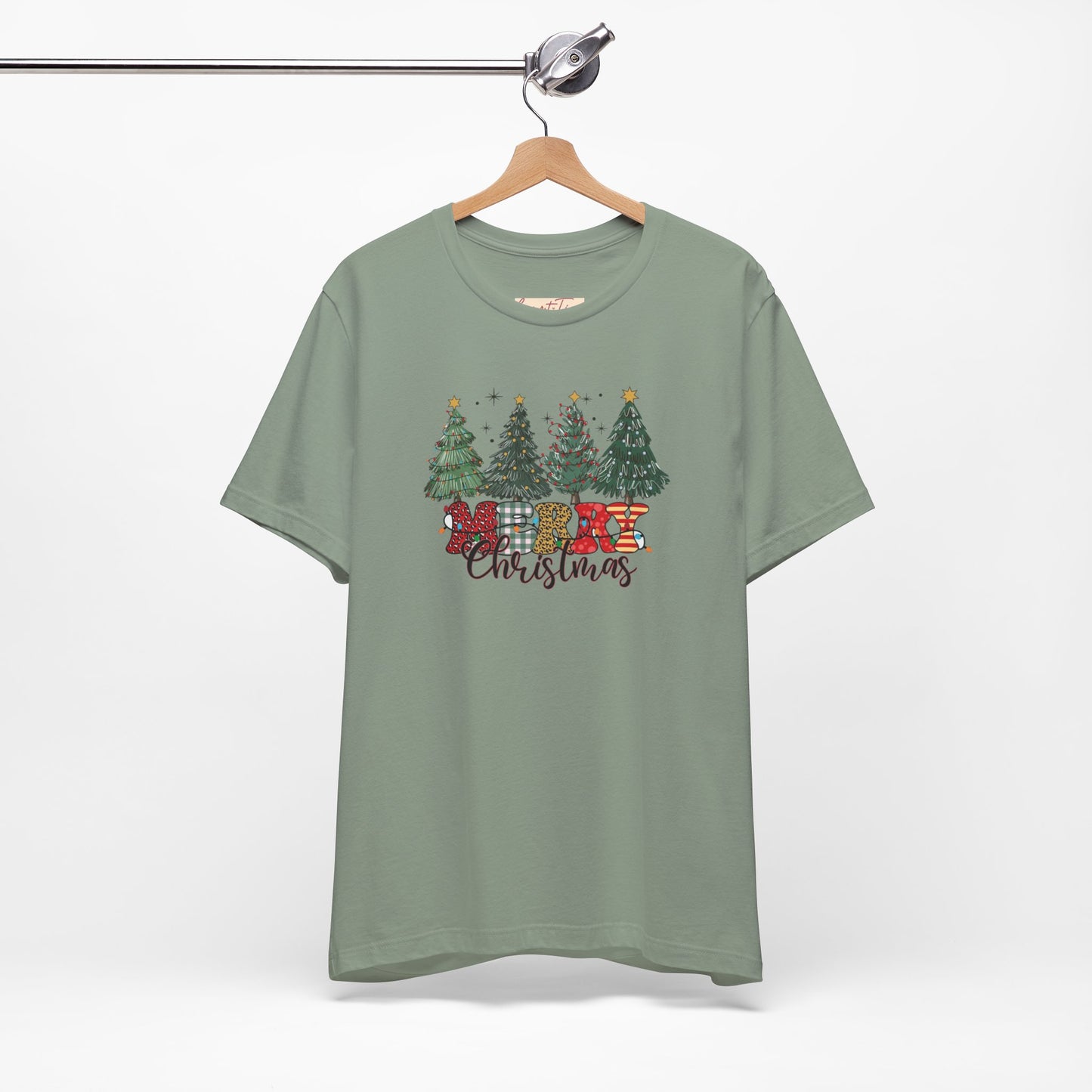 Merry Christmas Unisex Tee, Holiday T-Shirt, Christmas Gift, Festive Apparel, Tree Print Shirt, Seasonal Wear