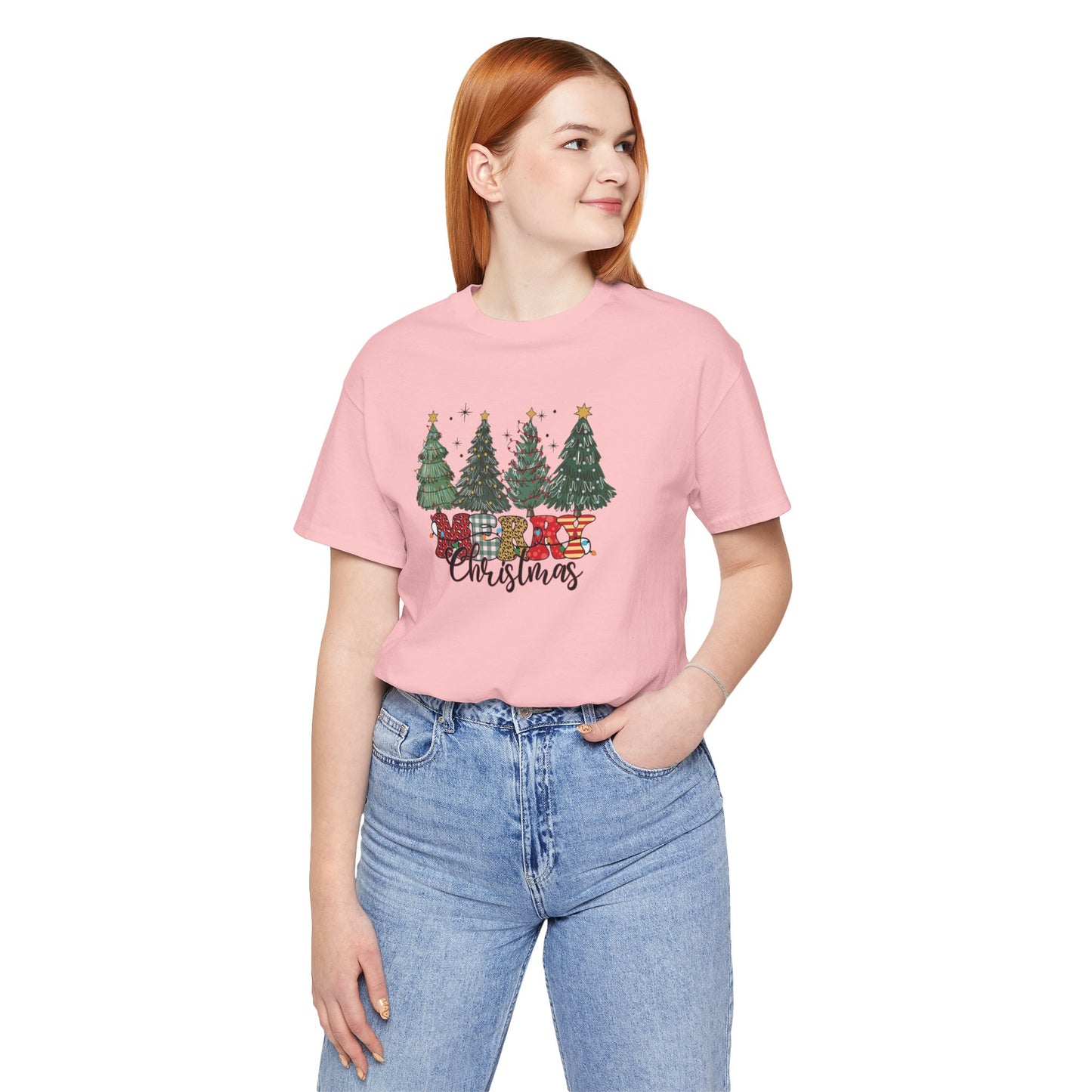 Merry Christmas Unisex Tee, Holiday T-Shirt, Christmas Gift, Festive Apparel, Tree Print Shirt, Seasonal Wear